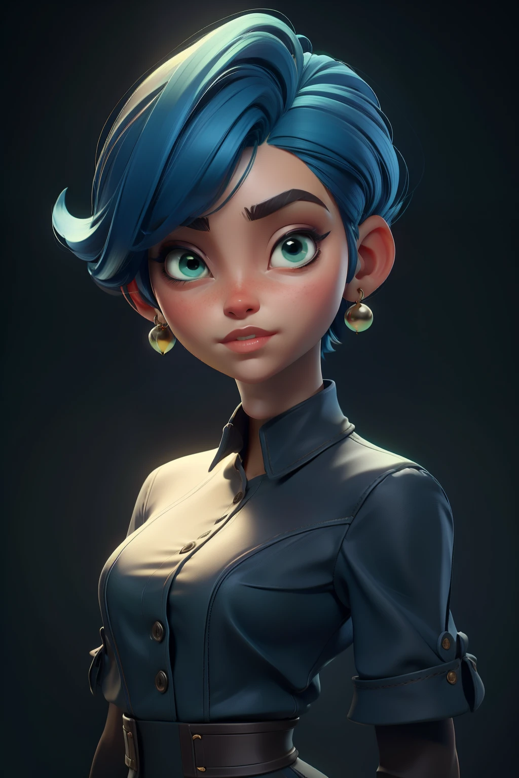 charachter. de corpo inteiro, 3D style face,  sweet and delicate, with long colored hair,chocolate,Short blue hair,black t-shirt,green eyes,Round metal earrings,Silent colors