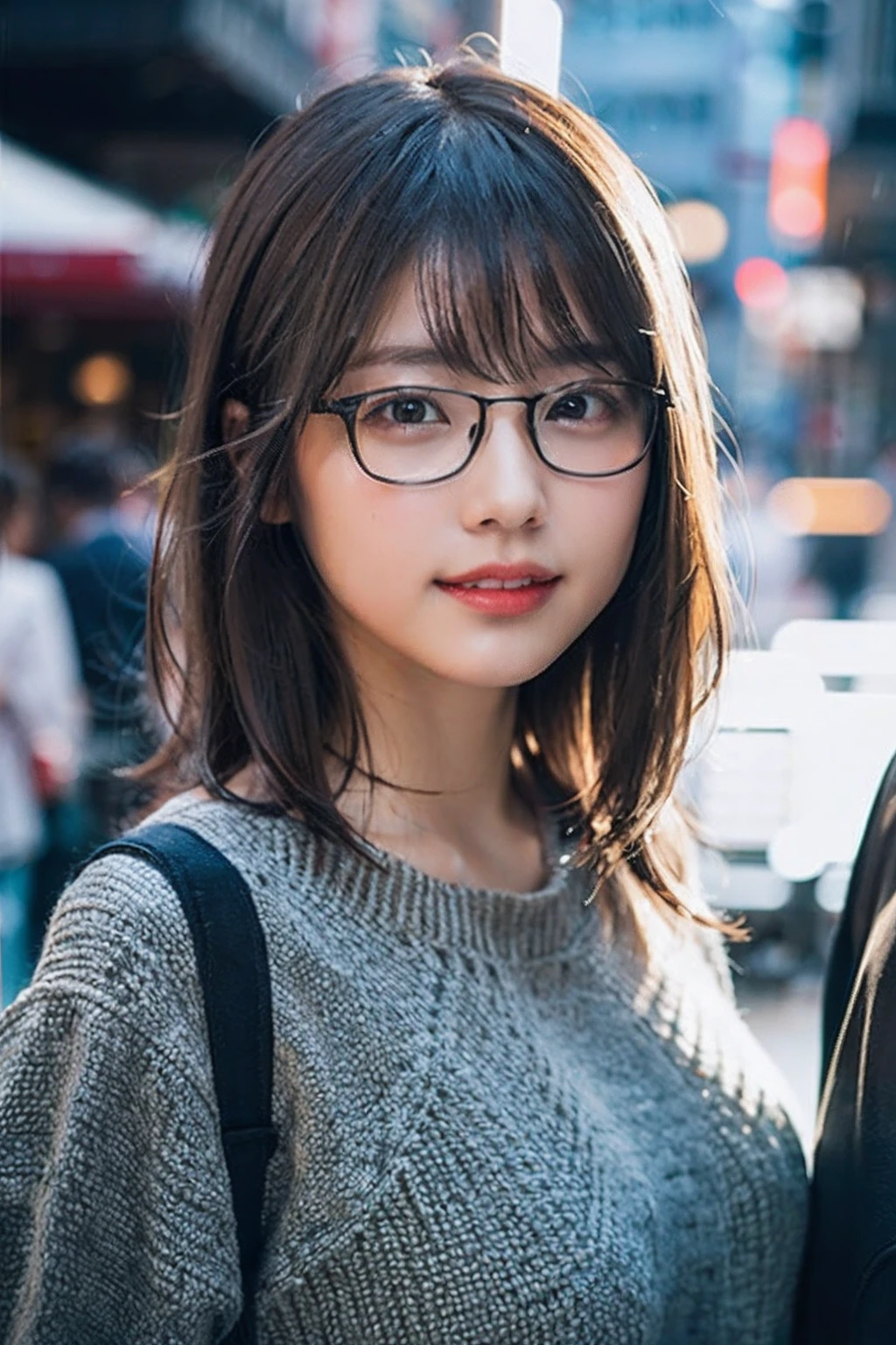 (8K、Raw photography、top-quality、​masterpiece:1.2)、(realisitic、Photorealsitic:1.37)、ultra-detailliert、超A high resolution、女の子1人、see the beholder、beautifull detailed face、A smile、Constriction、(Slim waist) :1.3)、Beautiful detailed skin、Skin Texture、Floating hair、Professional Lighting、In the rainy city、Hair or clothes are a little wet、Square glasses with black rimming、Whole human body、Brown hair