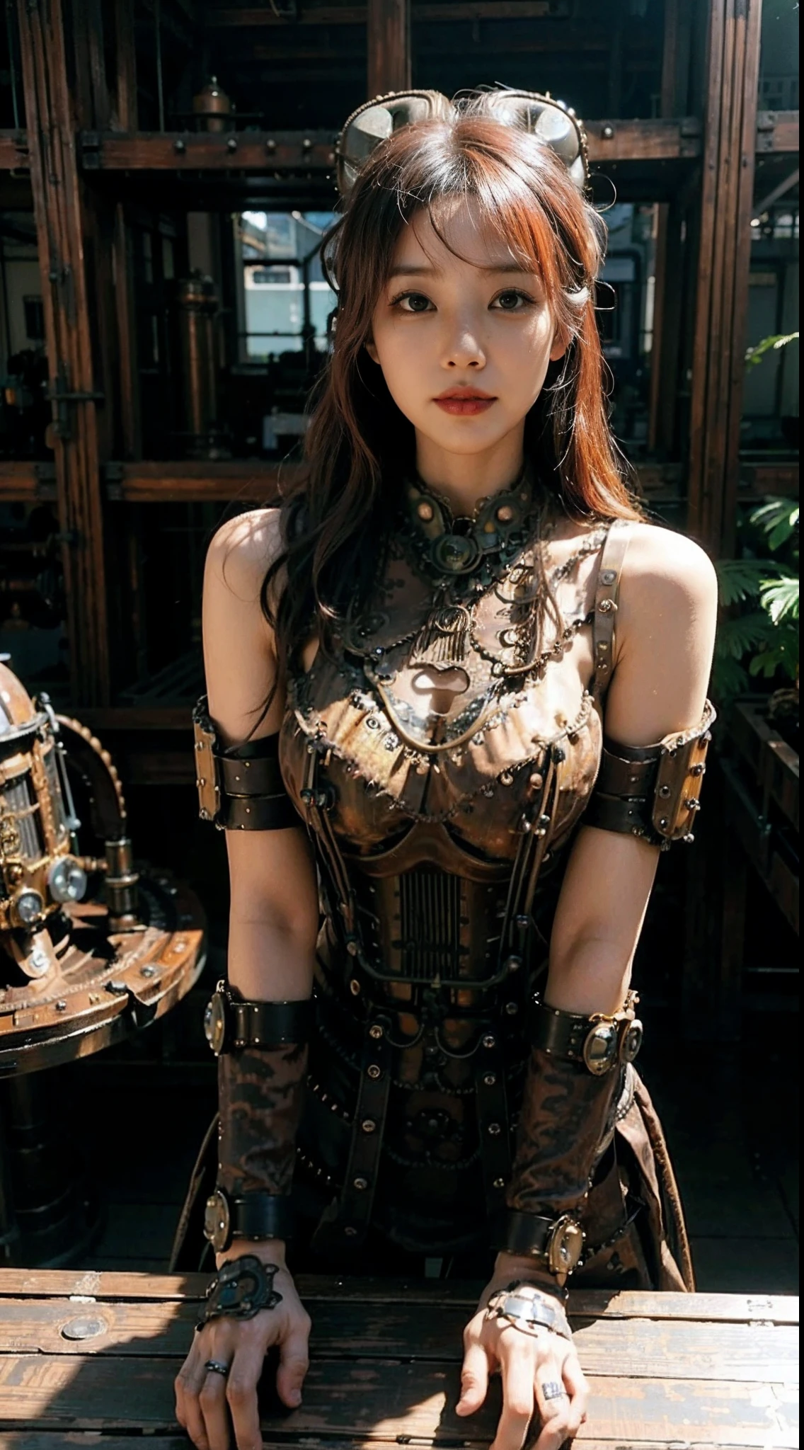 (8k, Photo brute, meilleure qualité, la maîtrise:1.2), (réaliste, photo-réaliste:1.37), (aegyo sal:1), Steampunk gal malveillant, (Steampunk asiatique:1.8), tatoué, Lumière naturelle, lumière du soleil, cartographie des photons, radiosité, rendu basé sur la physique , Cosplay, lunettes steampunk, cheveux roux, Parties mécaniques, yeux gris, chapeau steampunk, Jardin de Kyoto, Jardin japonais en arrière-plan, eau, Bonsaï, Sexy, Fumée, regarder le spectateur,, 8k haute résolution, 8k, Fond d&#39;écran CG, Réaliste, fond net, Seins exagérés, corps entierlesbienne