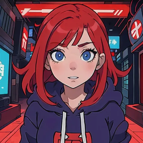 anime girl with red hair and blue eyes in a hoodie, she has red hair, in an anime style, in a hoodie, with red hair, in anime style, anime style character, iwakura lain, anime moe artstyle, anime style portrait, [[[[grinning evily]]]], cyberpunk anime girl...