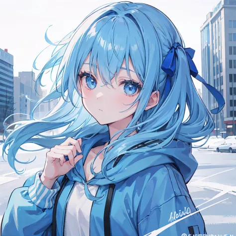 1girl, with light blue hair and blue eyes, wearing a hair ribbon and a blue and white hoodie. The scene is set in winter, with the girl looking directly at the viewer. This image can be used as a profile picture.City background