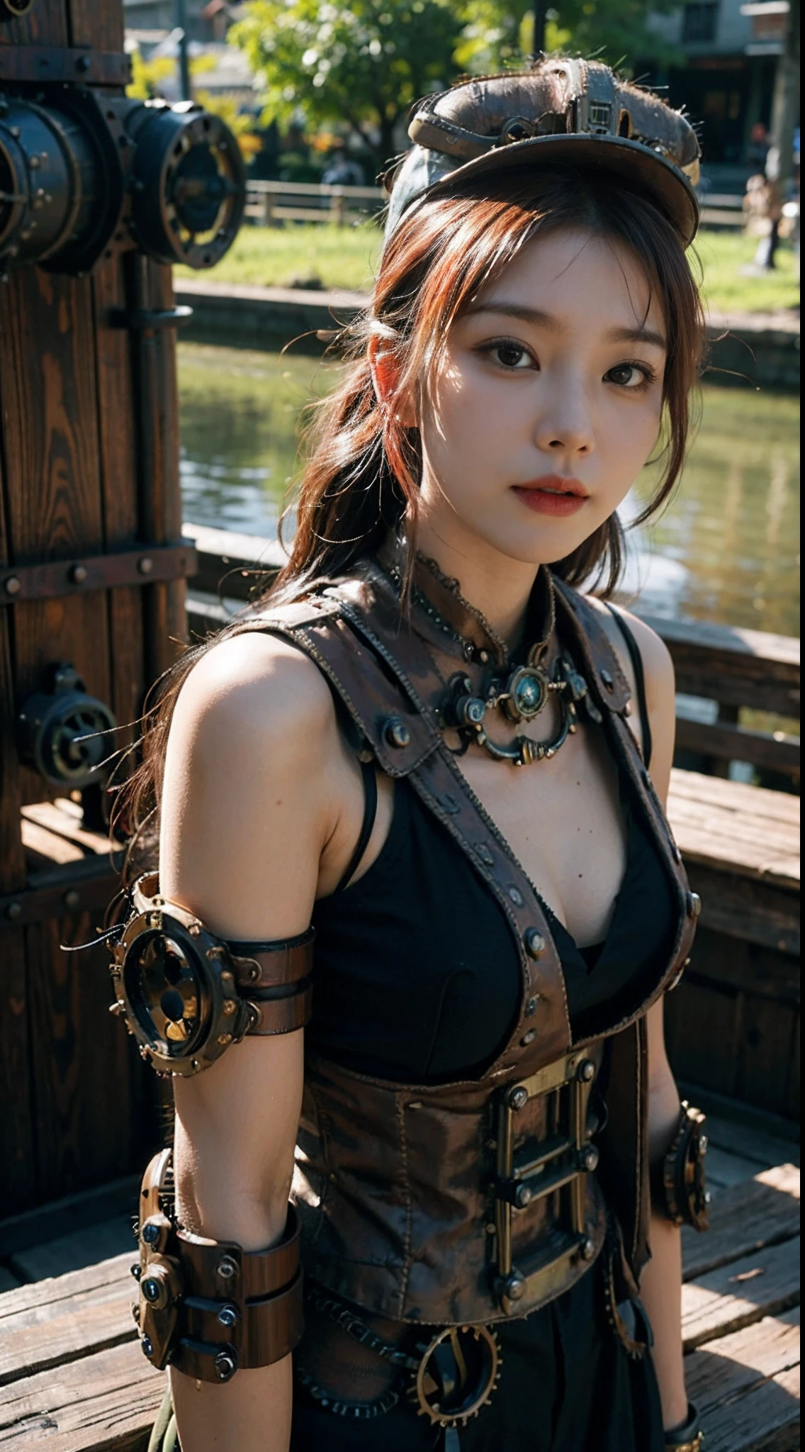 (8k, RAW photo, best quality, mastery:1.2), (realistic, photo-realistic:1.37), (aegyo sal:1), malicious Steampunk gal, (Asian Steampunk:1.6), tatooed, natural light, sunlight, photon mapping, radiosity, physically-based rendering , cosplay, steampunk googles, red hair, mechanical parts, grey eyes, steampunk hat, Kyoto garden, japanese garden in background, water, bonsai, sexy, smoke, looking at viewer,, 8k high res, 8k, CG wallpaper, Realistis, crisp background, exaggerated breasts, full bodylesbian