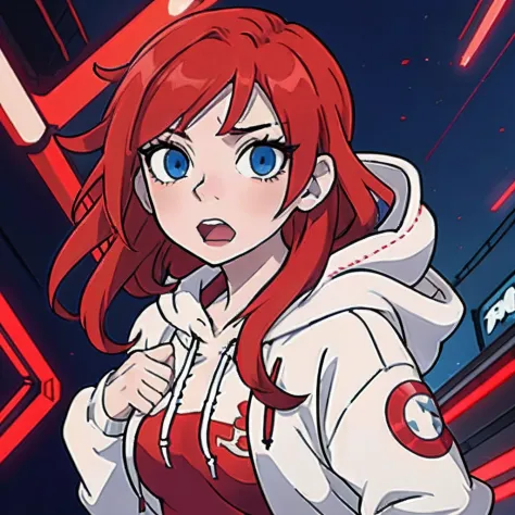 anime girl with red hair and blue eyes in a hoodie, she has red hair, in an anime style, in a hoodie, with red hair, in anime style, anime style character, iwakura lain, anime moe artstyle, anime style portrait, [[[[grinning evily]]]], cyberpunk anime girl...