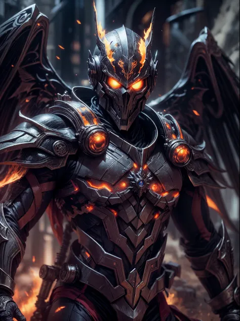 An intricate image of a Futuristic power-suit with armor and ai, that resembles a assasin with demon skull helmet with glowing cyclopse ember eyes, intricate metal wings, with flame thrower, Superhero landing pose, in an medieval mmorpg world, micro-detail...