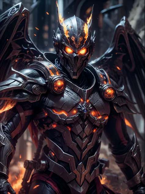 An intricate image of a Futuristic power-suit with armor and ai, that resembles a assasin with demon skull helmet with glowing cyclopse ember eyes, intricate metal wings, with flame thrower, Superhero landing pose, in an medieval mmorpg world, micro-detail...