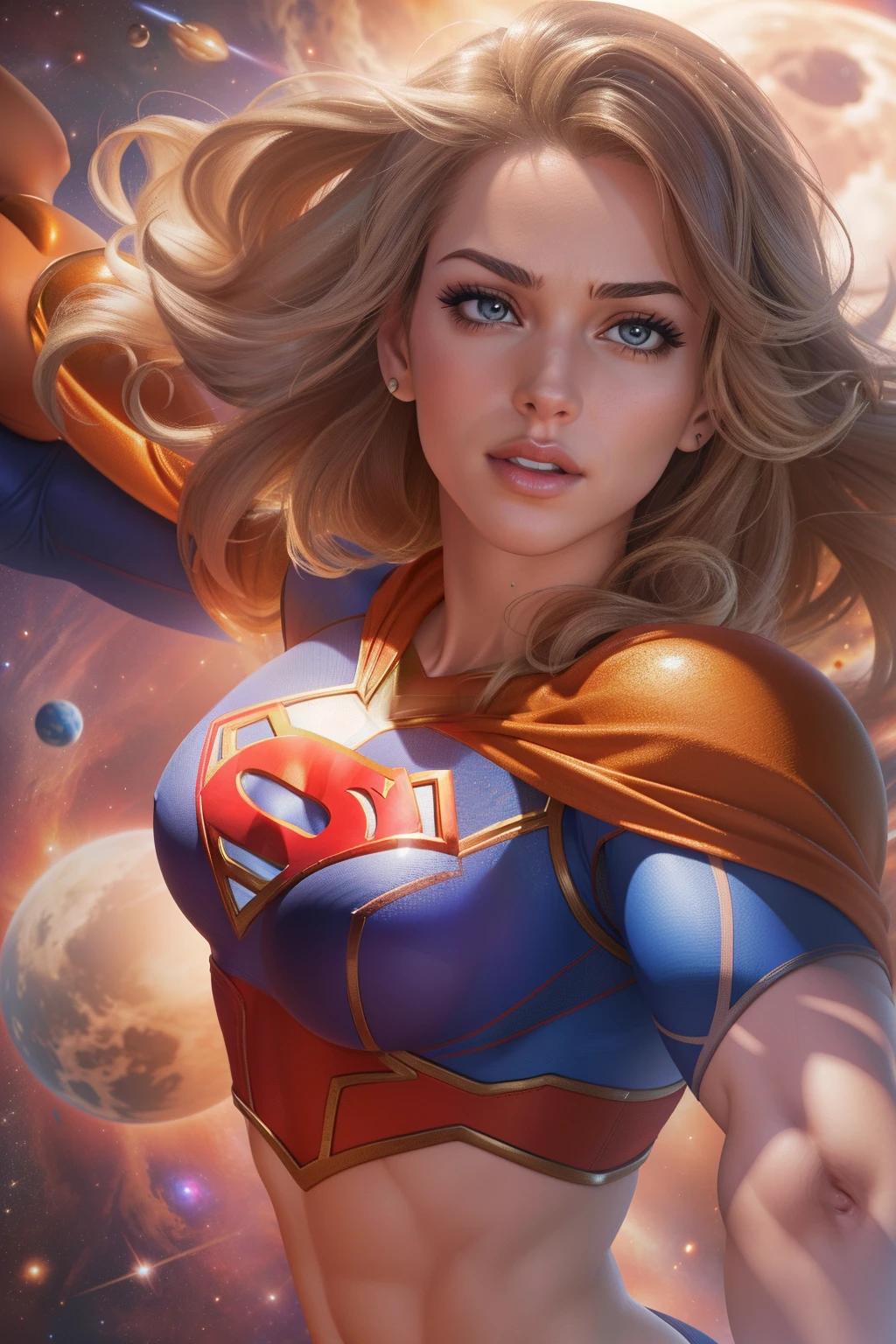 ( Masterpiece, 4k resolution, ultra-realistic, very detailed) Sexy Supergirl revealing abs midriff large breasts  blowing up a planet photography by artgerm, in the style of realism, glistening skin, cartooncore, mangacore, natural lighting, Defined full lips. Muscular fitness feminine body (In space)