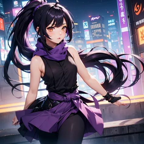 orange eyes, long purple scarf, sleeveless shirts, young 1girl, solo, sakifuwa, glazed eyes, very long hair, ponytail, black hai...