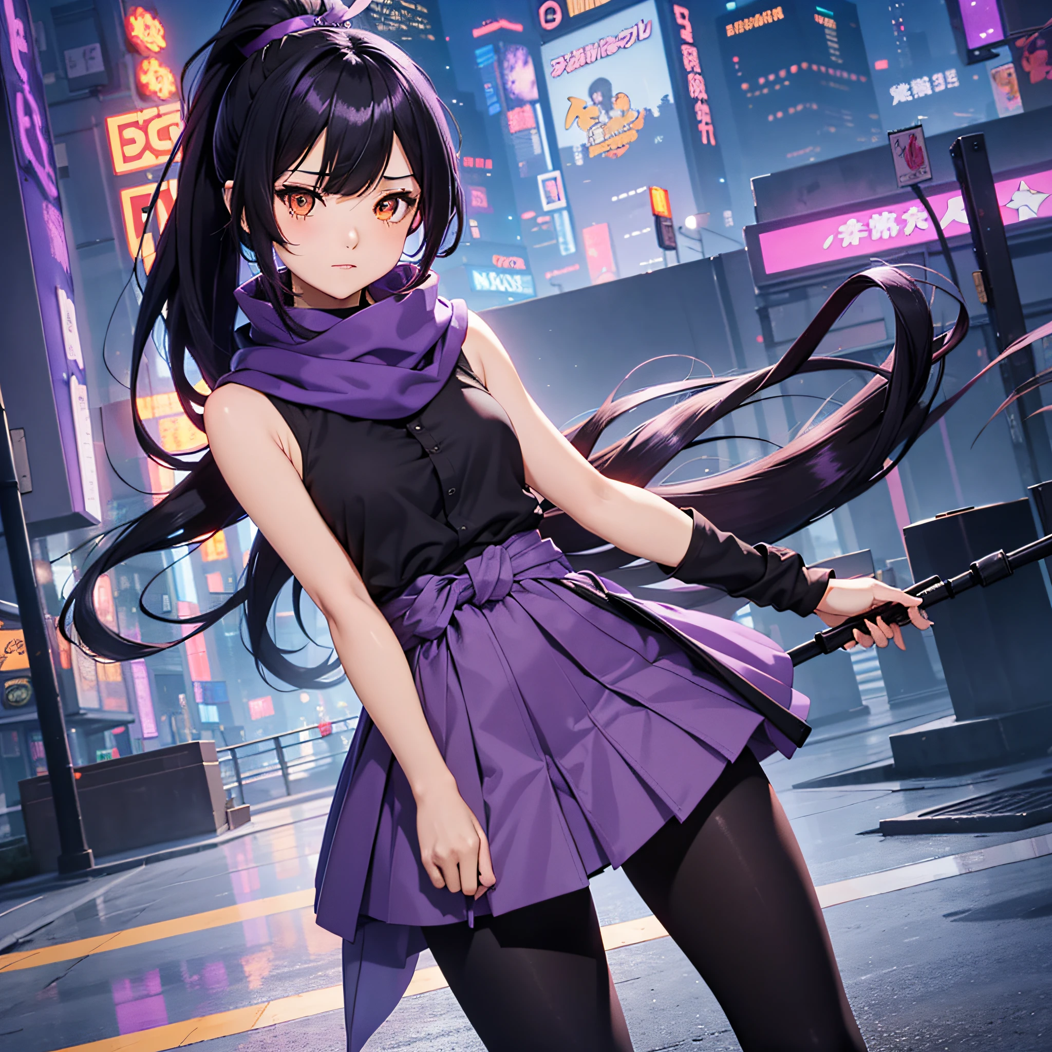 orange eyes, long purple scarf, sleeveless shirts, young 1girl, solo, sakifuwa, glazed eyes, very long hair, ponytail, black hair, ahoge, black tights, long leggings, purple strain of hair, very purple long skirt, stylish at cyberpunk, night time