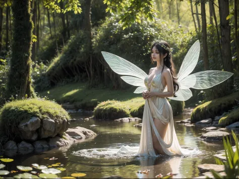 "A mesmerizing and enchanting depiction of a captivating 'Flower Fairy' in a pristine and magical woodland with a pond close to ...