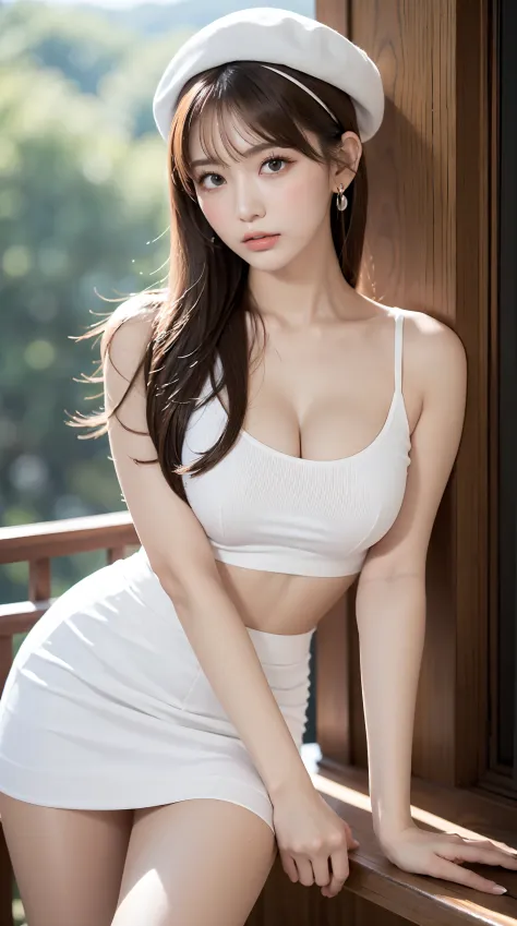 (Best Quality, masutepiece, Ultra HD: 1.3), 1girl in, middlebreasts, light brown hair, Blunt bangs, hair behind ear, hair over shoulder, Long hair, slender body shape, Ultra Fine Face, Delicate lips, Beautiful eyes, thin blush, eyes are light brown, perfec...