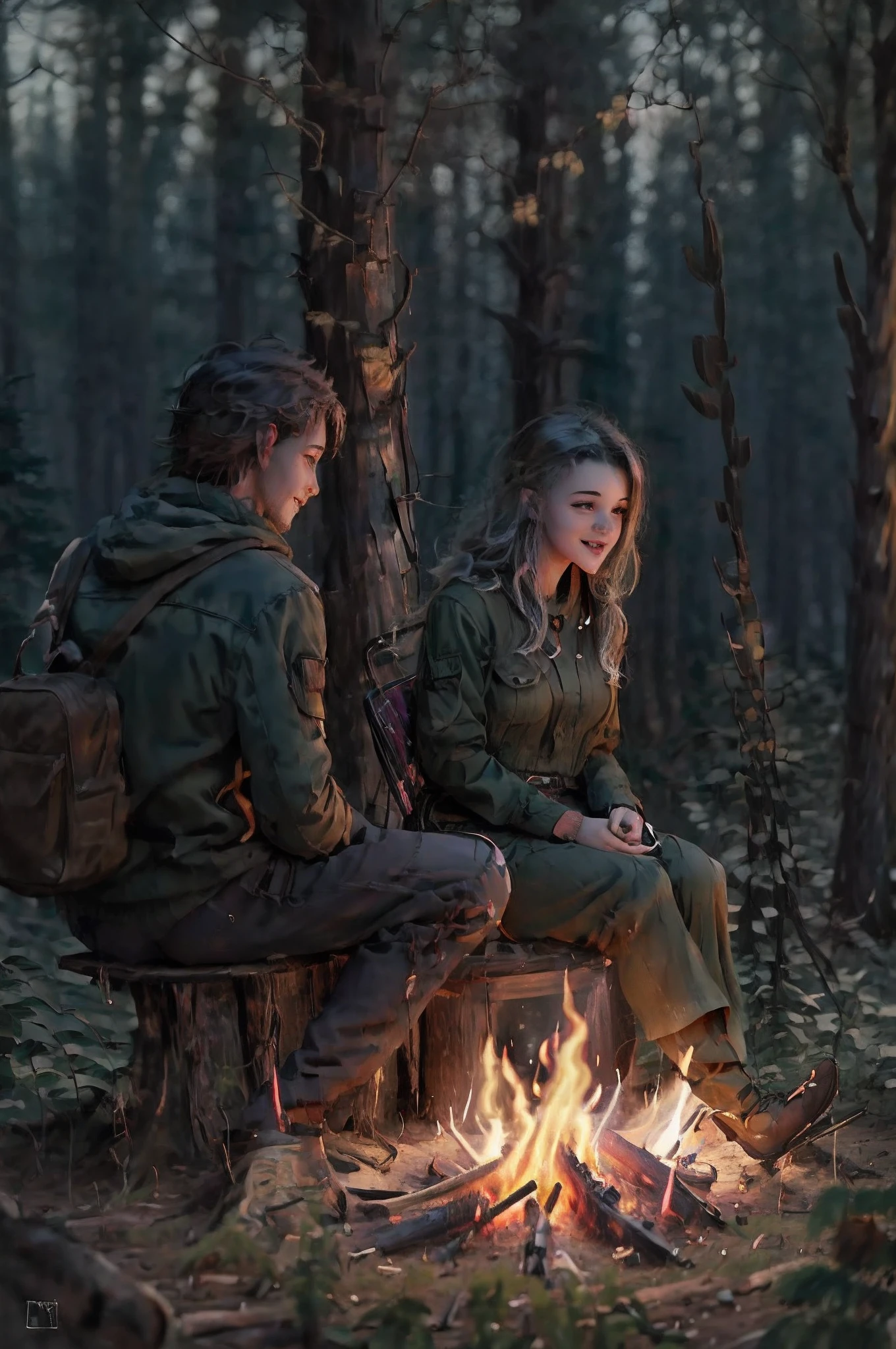 Hay dos personas sonrientes sentadas alrededor de una fogata en el bosque., arte del juego de rol, Anato Finnstark y Alena Aenami, Arte, no estilo Guweiz., en una hoguera en el bosque, rob rey and kentarõ miura, estilo rob rey y kentarõ miura, Artgerm y Atey Ghailan