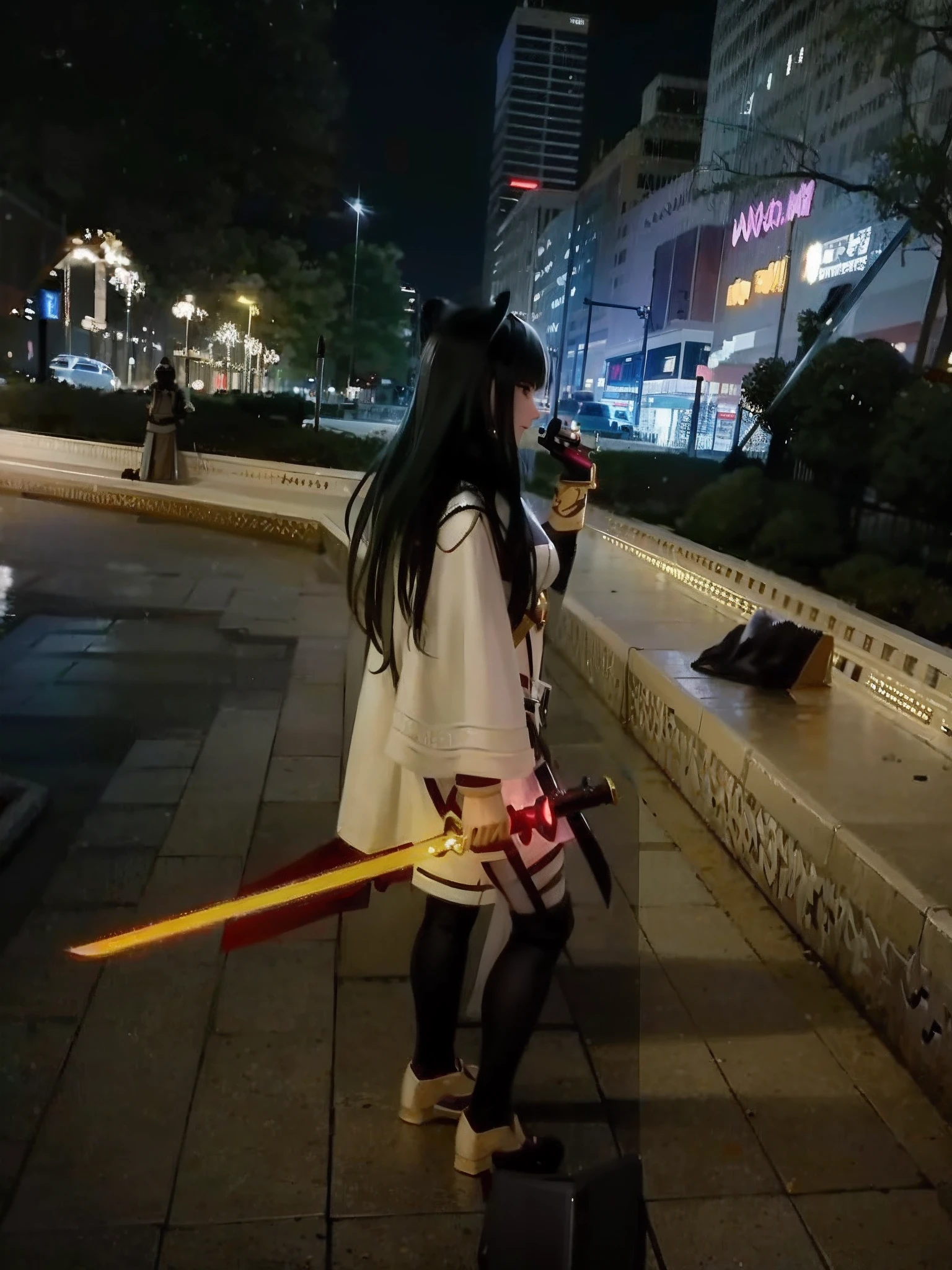 Anime cosplaying in the city at night with a sword - SeaArt AI