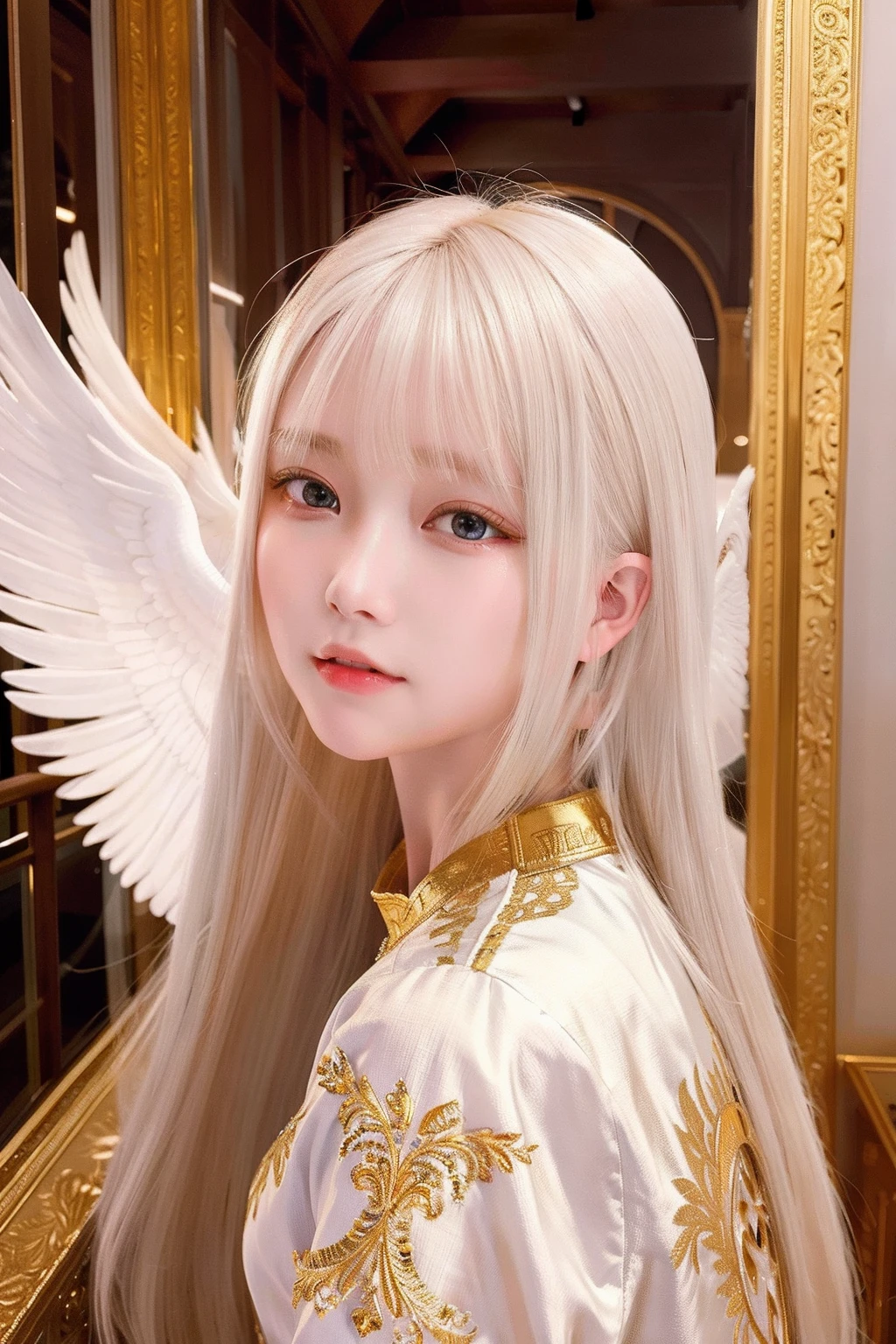 Masterpiece, Best quality, Ultra-detailed, illustration, Close-up, straight on, Face focus, 1girll, White hair, Golden eyes, Long hair, Halo, Angel wings, Serene expression, view the viewer