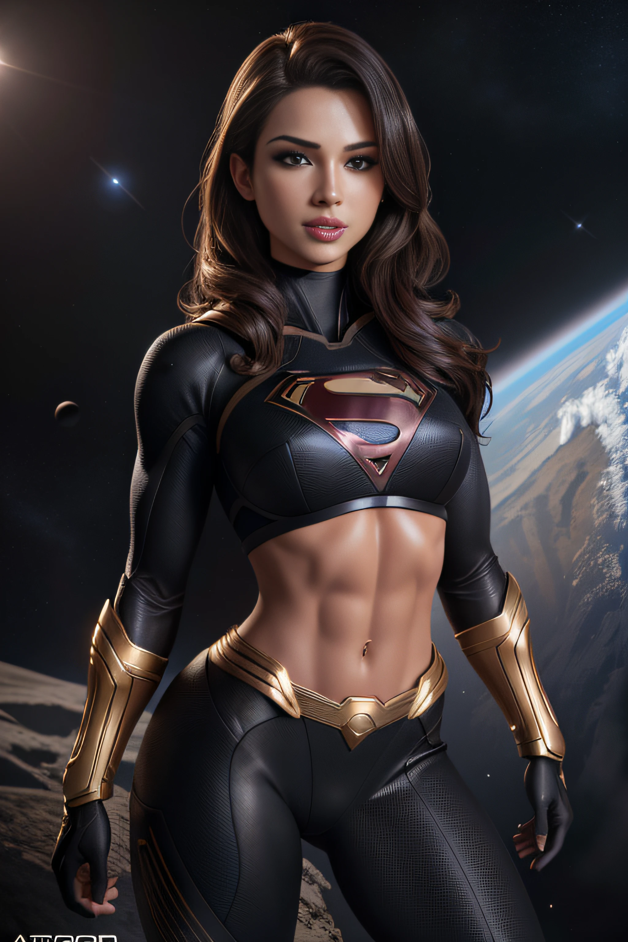 ( Masterpiece, 4k resolution, ultra-realistic, very detailed) Sexy Black outfit Supergirl (Black outfit) revealing abs midriff photography by artgerm, in the style of realism, glistening skin, cartooncore, mangacore, natural lighting, Defined full lips. Muscular fitness feminine body (In space)