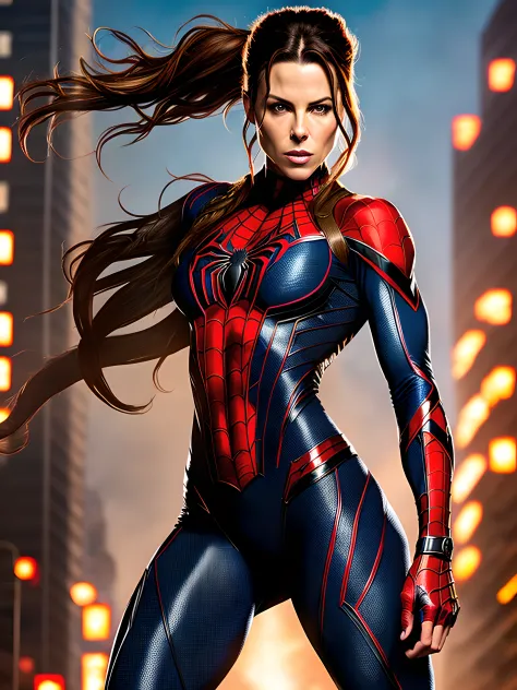 "Kate Beckinsale is Spider-girl, wearing a Spider-Man ripped costume with sexy physique, young face, intricate Spider-Man ripped costume, long pony tailed hair, showcasing her strength and determination while doing a Spider-Man pose. Ultra high definition ...