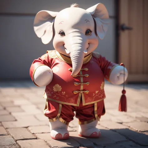 Cartoon elephant in Chinese costume，There is a word "easy" on the forehead，anthropomorphic turtle，3D image，Brand IP image，period costume，emblem of wisdom，Ancient official costumes ，Full body photo，standing on your feet，nothing background，white backgrounid，...