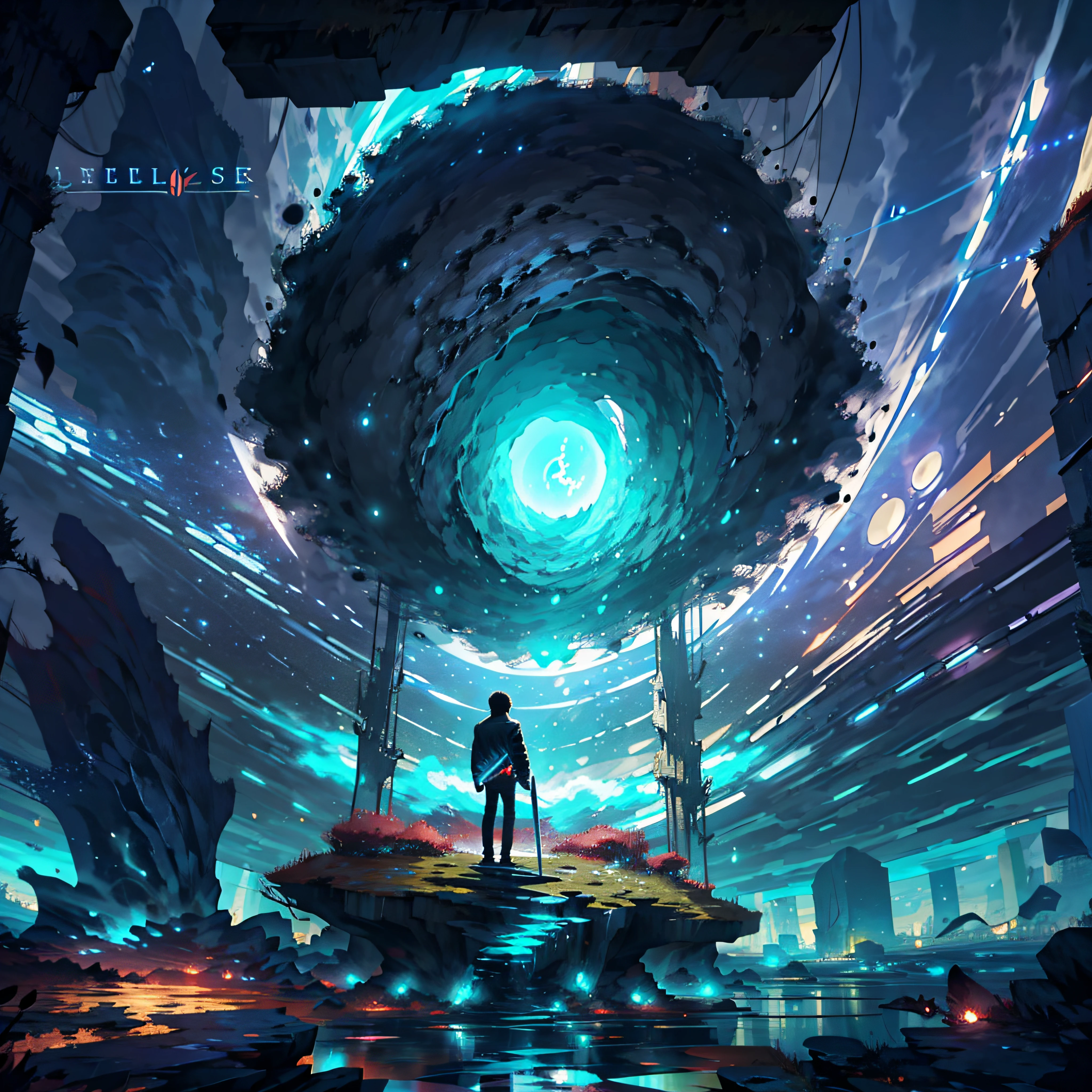 ((Best Quality, 8K, Masterpiece: 2)), landscape, wide, in front of portal, standing young man with black hair, black jeans, look at the stars, amazing scenery, hundreds of stars forming a circle, light waves, center of city, futures, bring long sword.