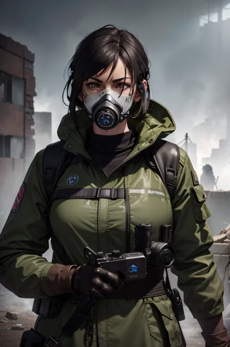 There is a woman in a gas mask with a weapon, Stalker Woman, wojtek fus, makoto sinkai ( Apex Legends ), cyberpunk anime girl in...