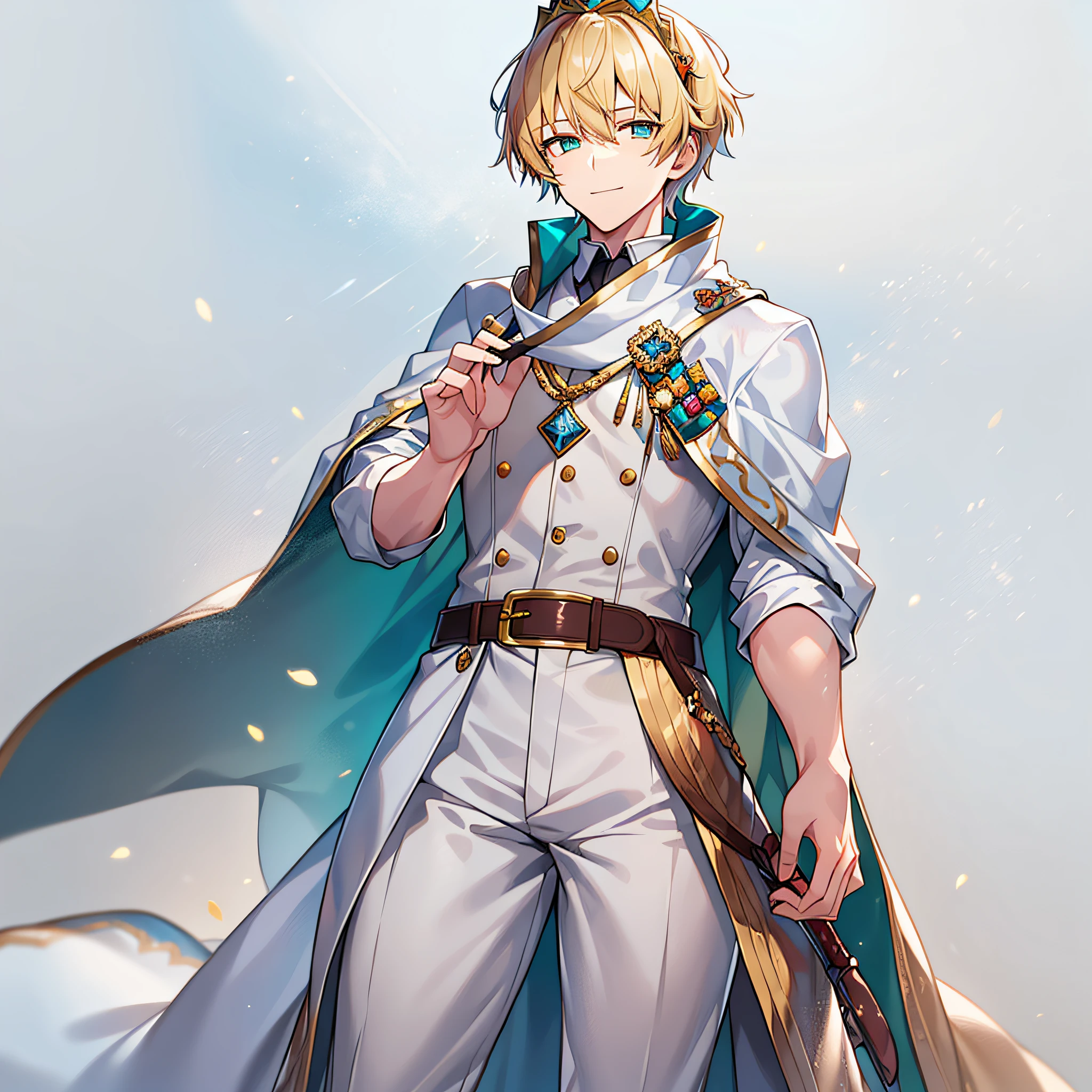 1boy, young adult man, friendly smile, calm look, tall body, slim lean build, looking at camera, yellow very light blond hair, short hair, teal eyes, white skin, detailed. (small royal headpiece), (white shirt), (black belt), (brown pants). Accessory, long cape, white cape, 1 shining silver longsword, stance pose, rpg sprite full body head to toe