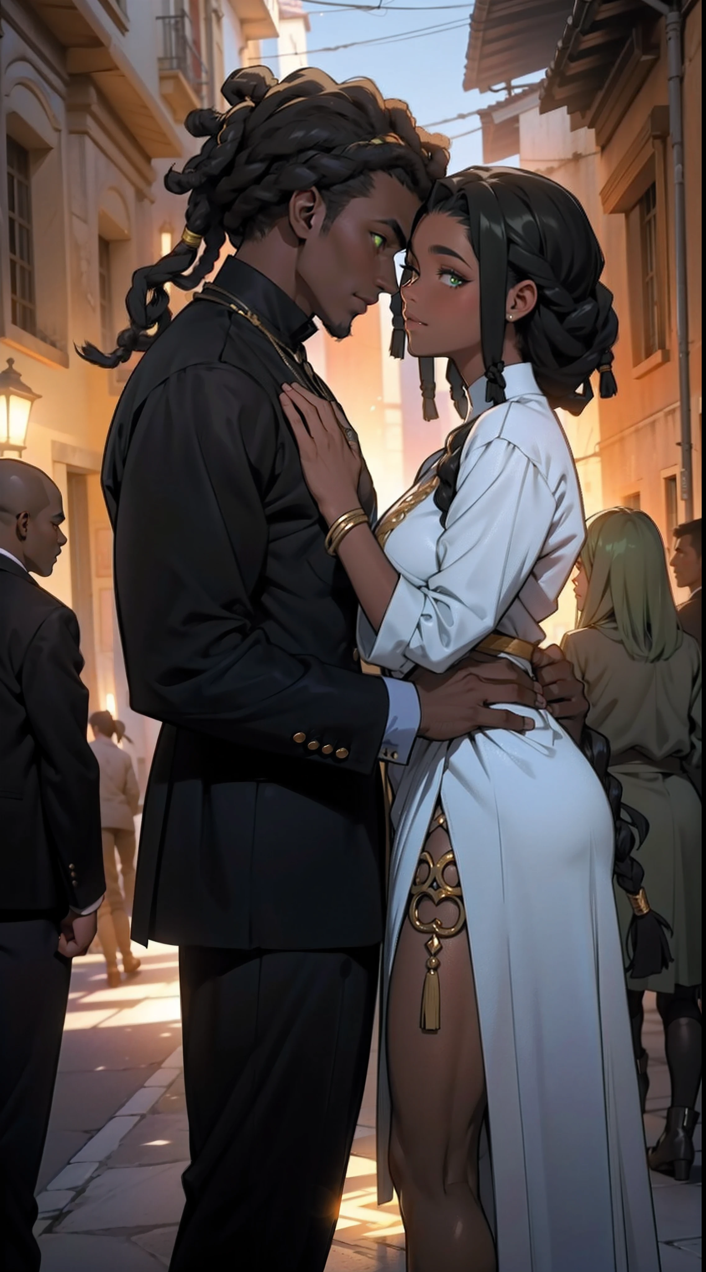 "Produza uma imagem de estilo anime que celebra o amor entre casais negros. A garota, pele negra, pele negra, pele negra 1.5,  with black leather and thin African braids, possui ((olhos verdes)) encantadores. Seu parceiro, {de pele escura e cabelos: 1,5}, ((Dreadlocks curtos)), tem olhos brancos expressivos. Ambos usam casacos largos com detalhes dourados, adding a touch of sophistication. Ambientada em um jardim, a cena retrata beijos apaixonados entre eles. Transmita a intensidade do amor eterno entre esses amantes negros, highlighting their unique characteristics and the romantic connection they share."." Casaco ((camisolas estilosas, super na moda, super look))".