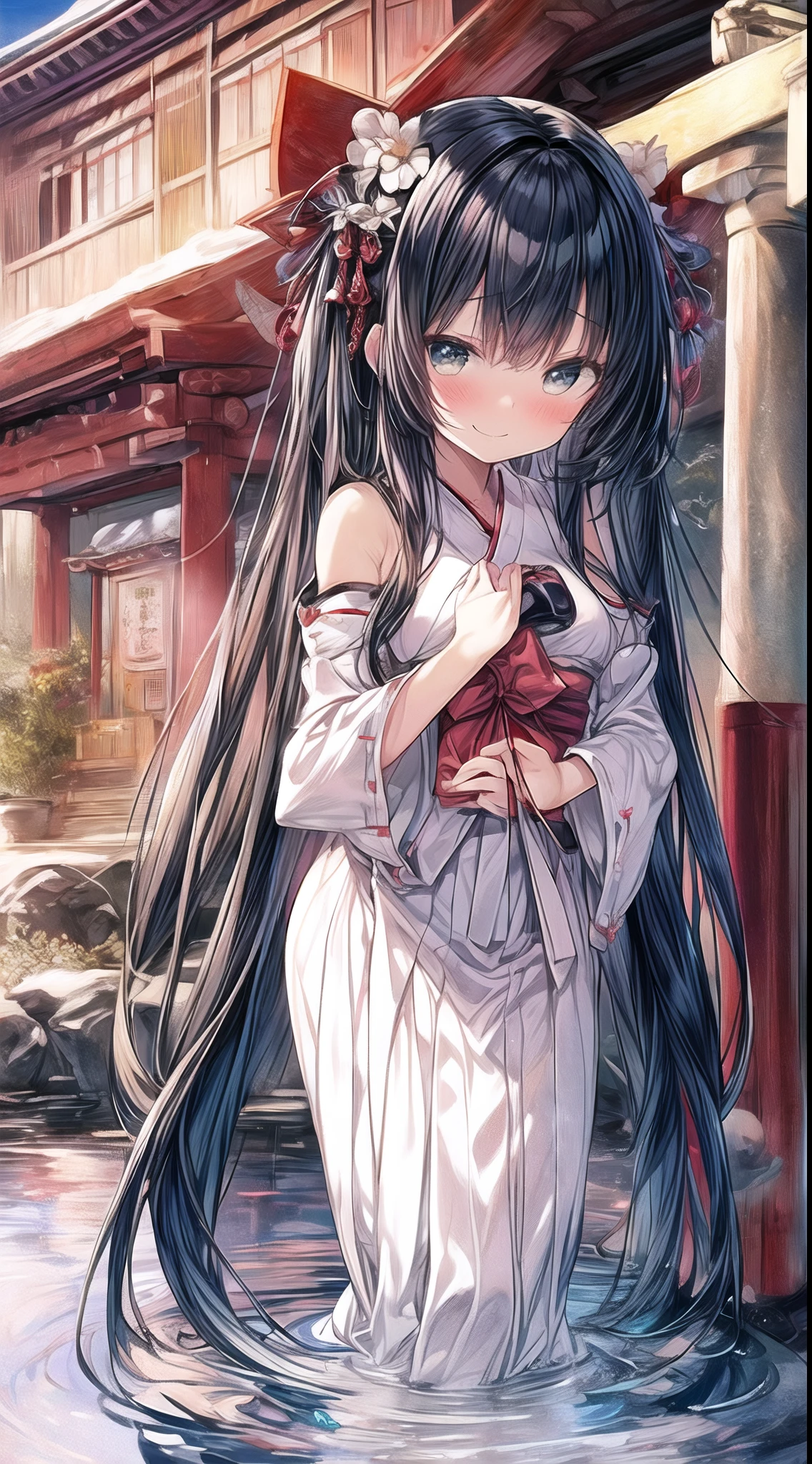 Anime girl in a white dress standing in water with long hair - SeaArt AI