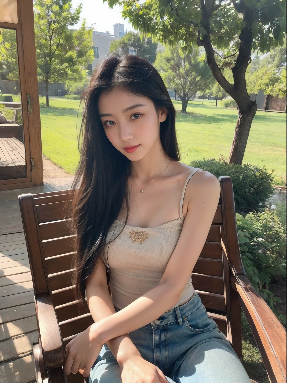 ，masutepiece, Best Quality，8K, 超A high resolution，(beautidful eyes:1.5)， ((Medium view，The upper part of the body:1.5))，Early summer morning，The gentle goddess sits in a rocking chair，Shake gently。She held a book in her hand，Savor the words through the glasses，With serene and warm eyes。The sun shines on her，Creates a soft halo，It creates a peaceful and welcoming atmosphere。