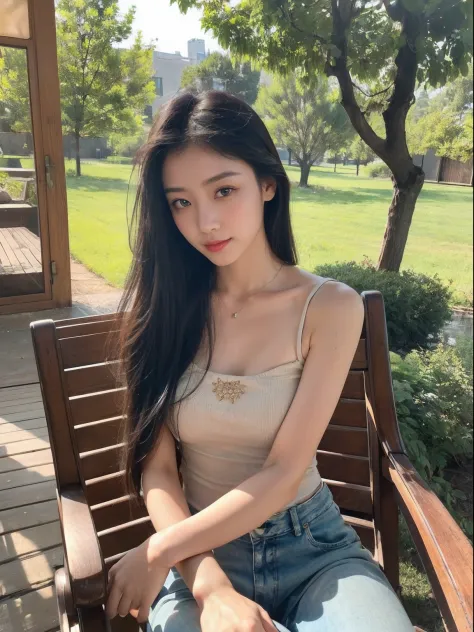 ，masutepiece, Best Quality，8K, 超A high resolution，(beautidful eyes:1.5)， ((Medium view，The upper part of the body:1.5))，Early summer morning，The gentle goddess sits in a rocking chair，Shake gently。She held a book in her hand，Savor the words through the gla...
