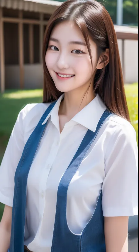 realistic photos of (1 cute Korean star) shoulder-length hair, white skin, thin makeup, 32 inch breasts size, slightly smile, wearing university uniform, at the canteen,  close-up, 16k