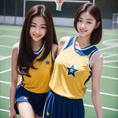 realistic photos of (1 cute Korean star) shoulder-length hair, white skin, thin makeup, 32 inch breasts size, slightly smile, wearing PE uniform yellow tone, at the basketball court, upper body, 16k