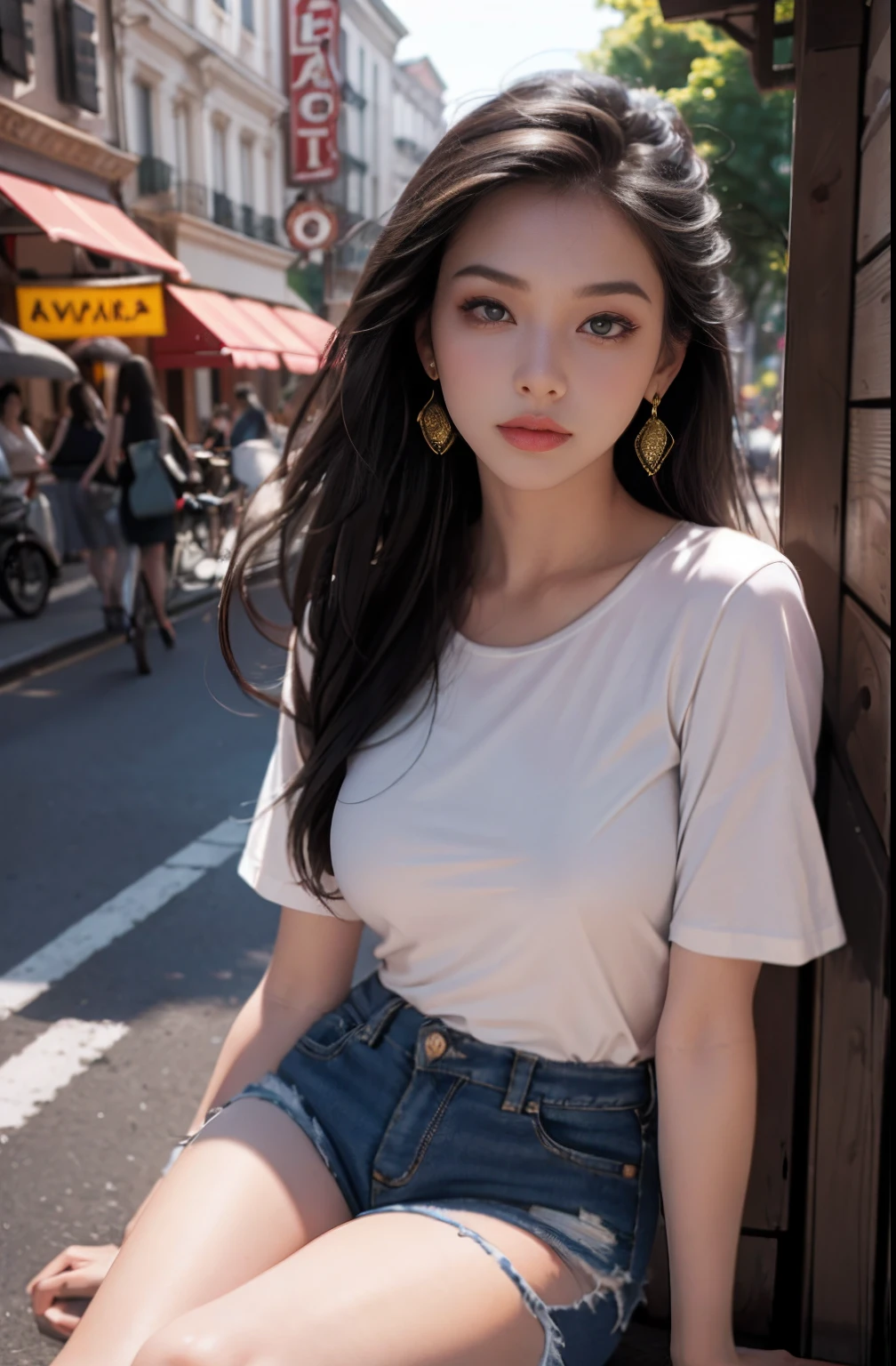 Best quality, masterpiece, super high resolution, (realistic: 1.4), original photo, (evening street), 1 girl, black eyes, looking at the audience, long hair, light makeup, lips, small ears, white t-shirt, denim shorts, earrings, sitting Ferrari, big breasts, slim