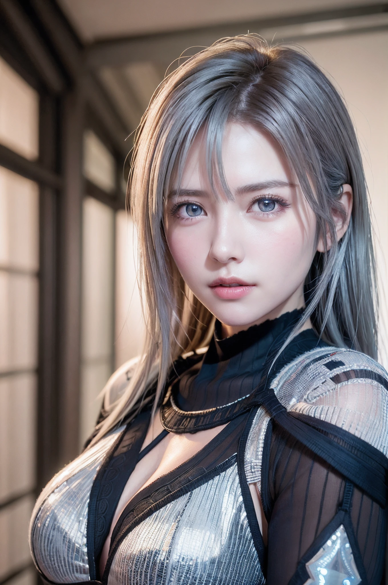 top-quality、8K Masterpiece、超A high resolution、(Photorealsitic:1.3)、Raw photo、女の子1人、silver white hair、glowy skin、1 Cyberpunk Super Beautiful Soldier、((super realistic details))、portlate、globalillumination、Shadow、octan render、8K、ultrasharp、beauty breast、Raw skin is exposed in cleavage、metals、cold color、、highly intricate detail、Realistic light、CGSoation Trends、Beautiful eyes、radiant eyes、Facing the camera、neon details、