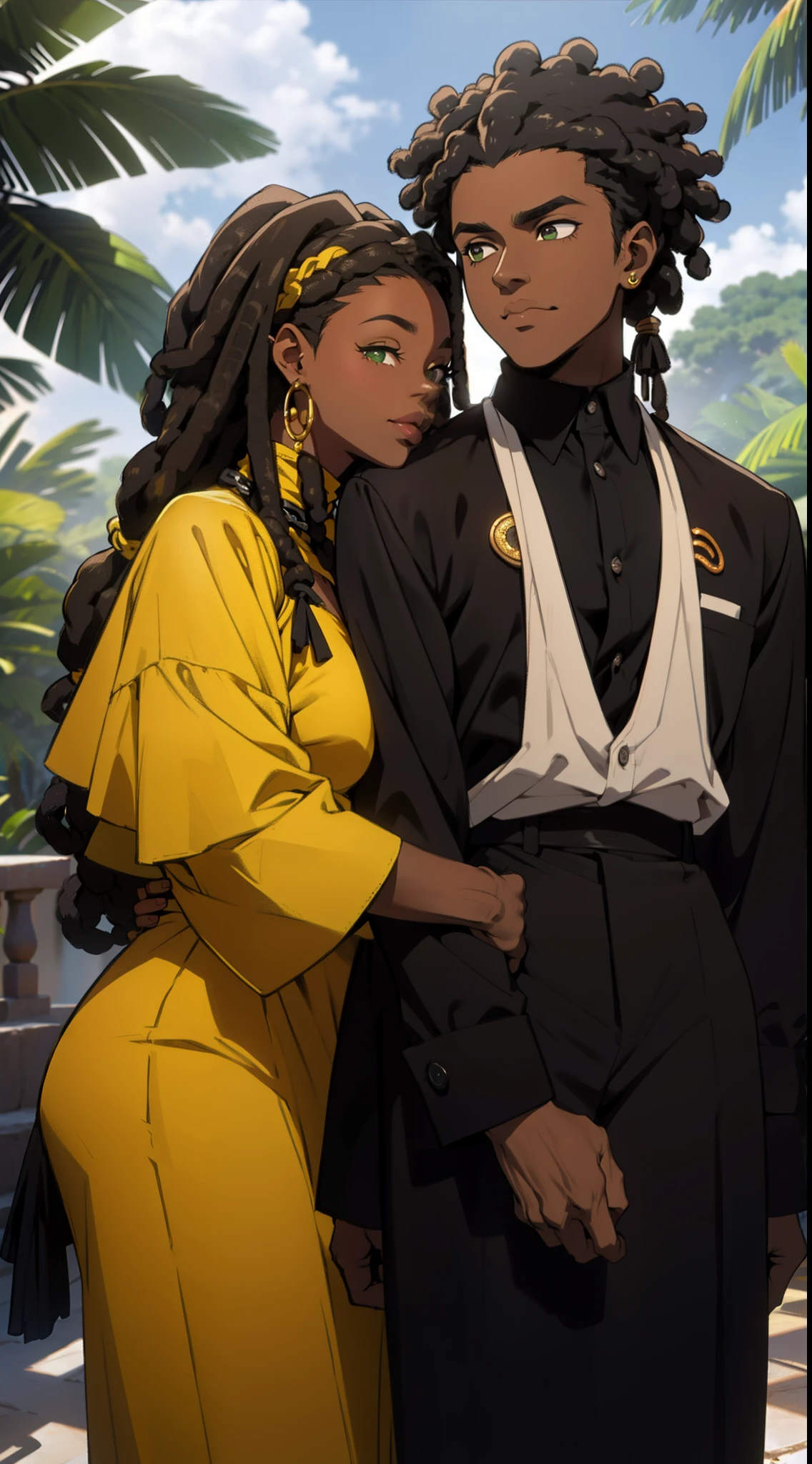 "Produce an anime-style image that celebrates love between black couples. The girl, skin black, skin black, skin black 1.5,  with black leather and thin African braids, it has ((greeneyes)) charming. Your partner, {dark-skinned and haired: 1,5}, ((Dreadlocks curtos)), has expressive white eyes. Both wear loose coats with gold details., adding a touch of sophistication. Set in a garden, the scene depicts passionate kisses between them. Convey the intensity of eternal love between these black lovers, highlighting their unique characteristics and the romantic connection they share. trench coat {((stylish sweaters, super trendy, super look))}".