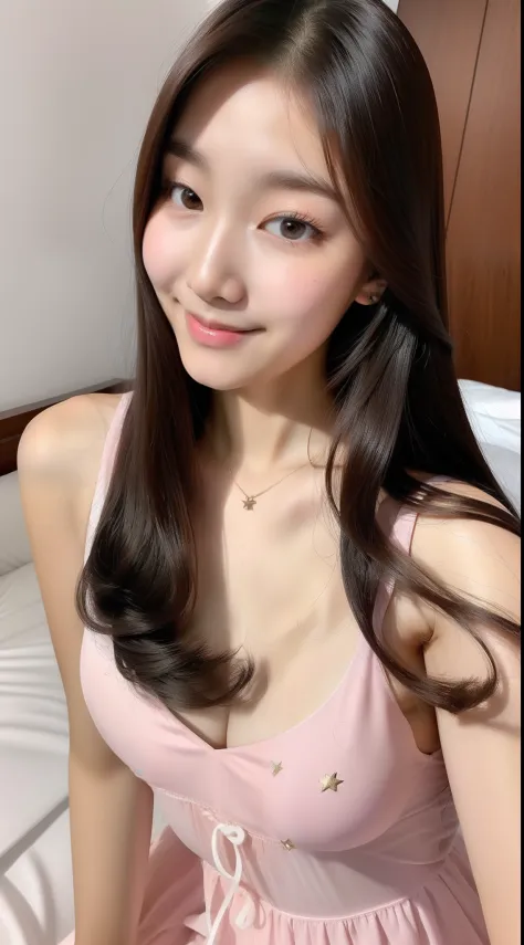 realistic photos of (1 cute Korean star) straight hair, white skin, thin makeup, 32 inch breasts size, slightly smile, wearin flower pattern nightgown, close-up, in the bedroom, 16k