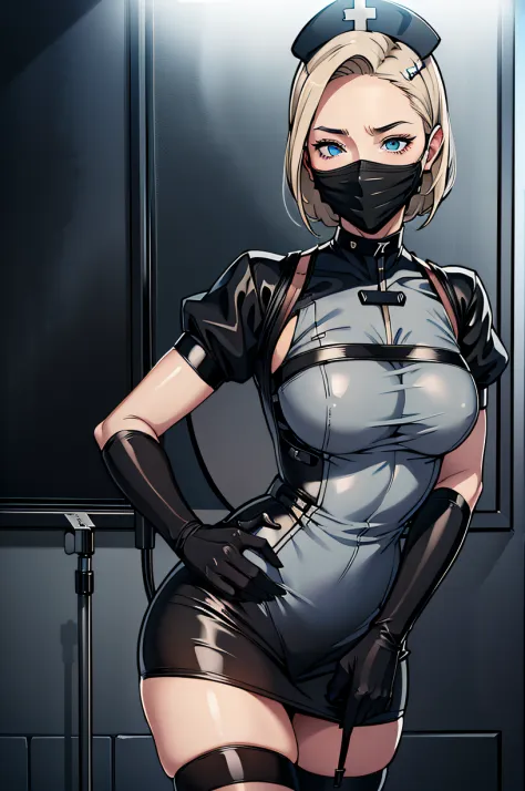 black nurse, 1womanl, Nurse, Nurse Cap, Blackware, ((Black legwear, zettai ryouiki)), Black Elbow Gloves, Blonde hair, Blue eyes, ((Black surgical mask, Cover the nose)), Standing, ((surgery room)), sharp outline, Short sleeves, a matural female, 35 year o...