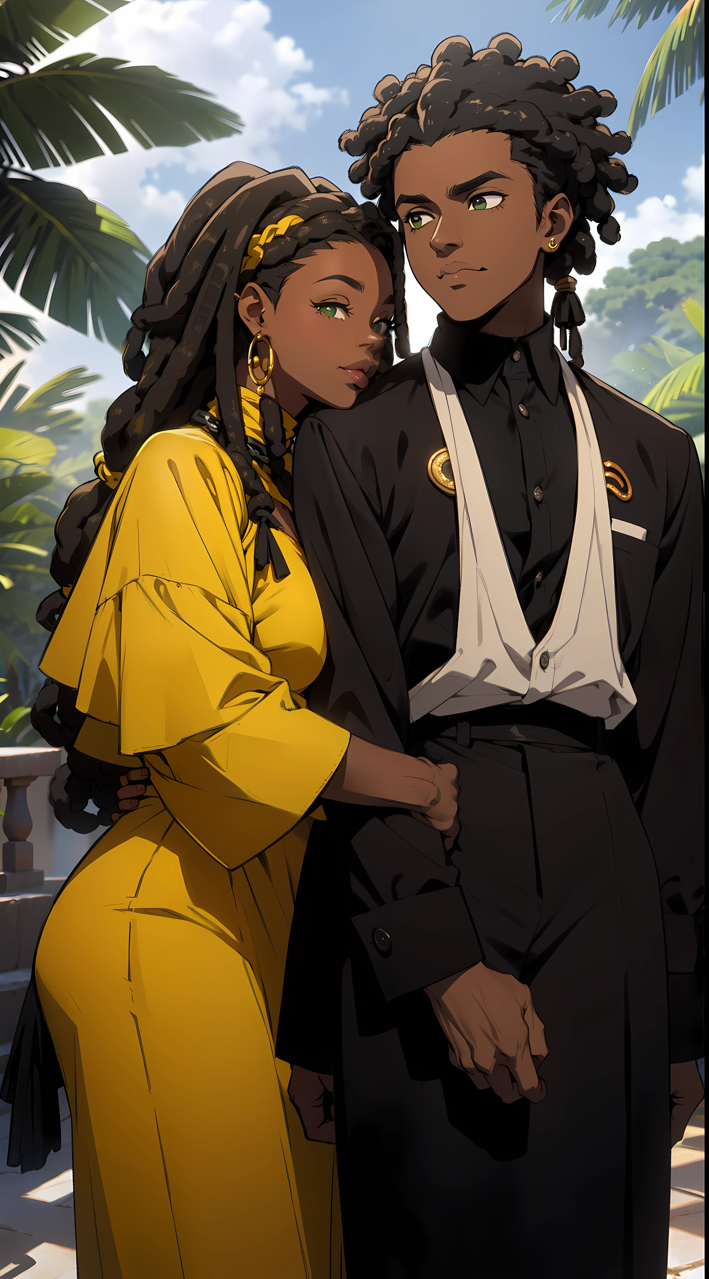 "Produce an anime-style image that celebrates love between black couples. The girl, skin black, skin black, skin black 1.5,  with black leather and thin African braids, it has ((greeneyes)) charming. Your partner, {dark-skinned and haired: 1,5}, ((Dreadlocks curtos)), has expressive white eyes. Both wear loose coats with gold details., adding a touch of sophistication. Set in a garden, the scene depicts passionate kisses between them. Convey the intensity of eternal love between these black lovers, highlighting their unique characteristics and the romantic connection they share. trench coat {((stylish sweaters, super trendy, super look))}".