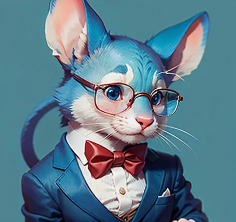 Cute blue mouse with bow tie and red glasses