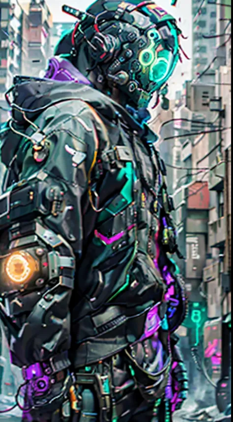 A realistic DSLR photo of a cowboy mecha, wearing a black and green suit with a backpack. The suit is a mix of Cyberpunk asymmetrical Streetwear and oversized Cyberpunk style. The character is in a dangerous, ghetto-like street environment. He is a futuris...