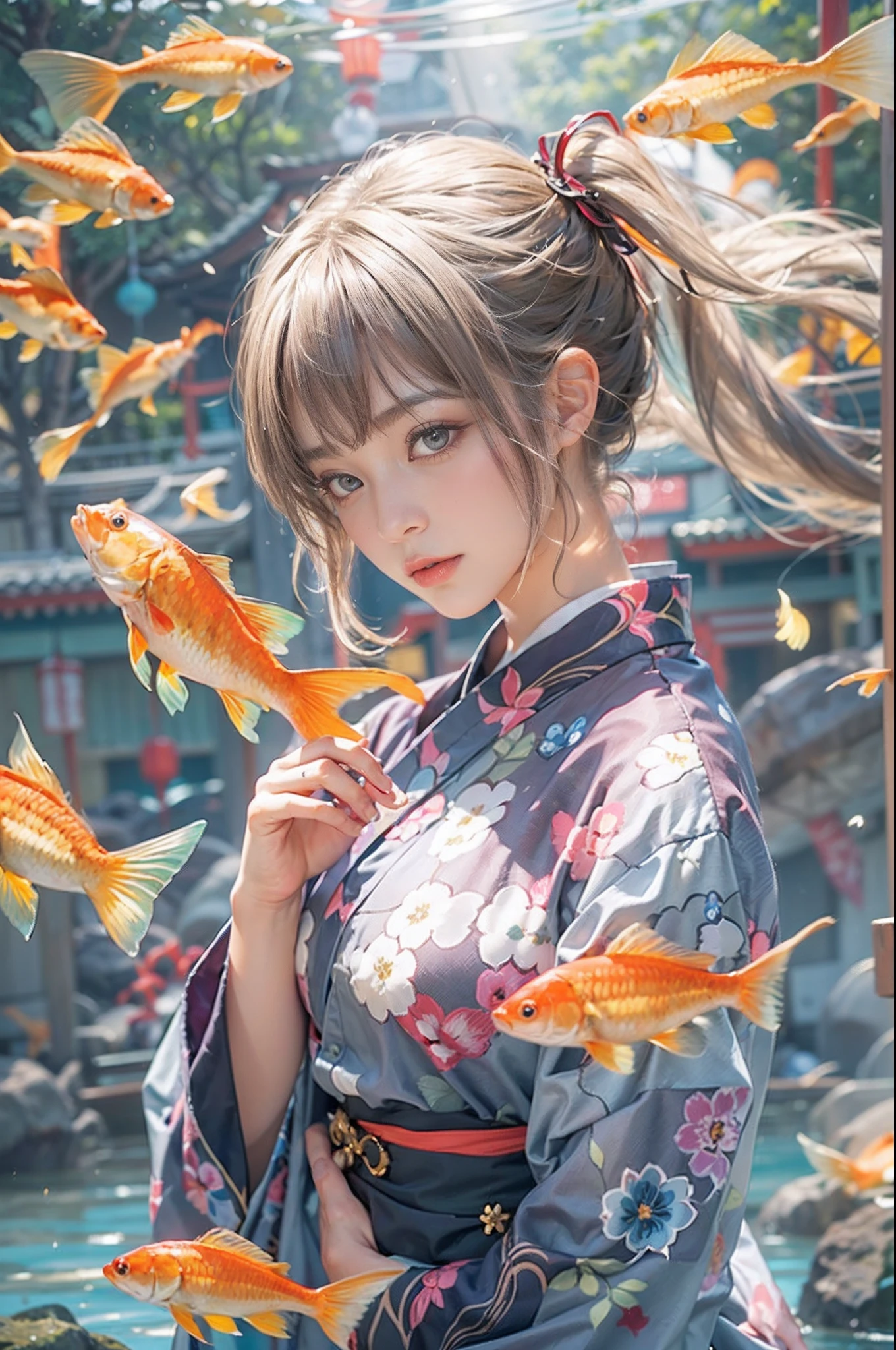 电影灯光，(((tmasterpiece))), ((best qualtiy)), ((intricate and detailed)), ((Ultra-realistic realism)), 4K,1beautiful woman, 25-years old, poneyTail,Ultra-fine yukata,beautiful countenance,Beautiful brown eyes,face perfect,A slender,large full breasts,having a good time, Large fishbowl , Swirling flocks of goldfish, Floating goldfish, Graphic illustration, see fishes swimming,A lot of goldfish, amazing depth, Cutest, Lots of fish balls,Goldfish scooping at a summer festival, (The background is the summer festival of the shrine:1.4), Silver hair, split ponytail, star-shaped pupils, conceptual art, Art Nouveau, Glowing light, nffsw, Textured skin, masutepiece, Anatomically correct, Best Quality, 8K