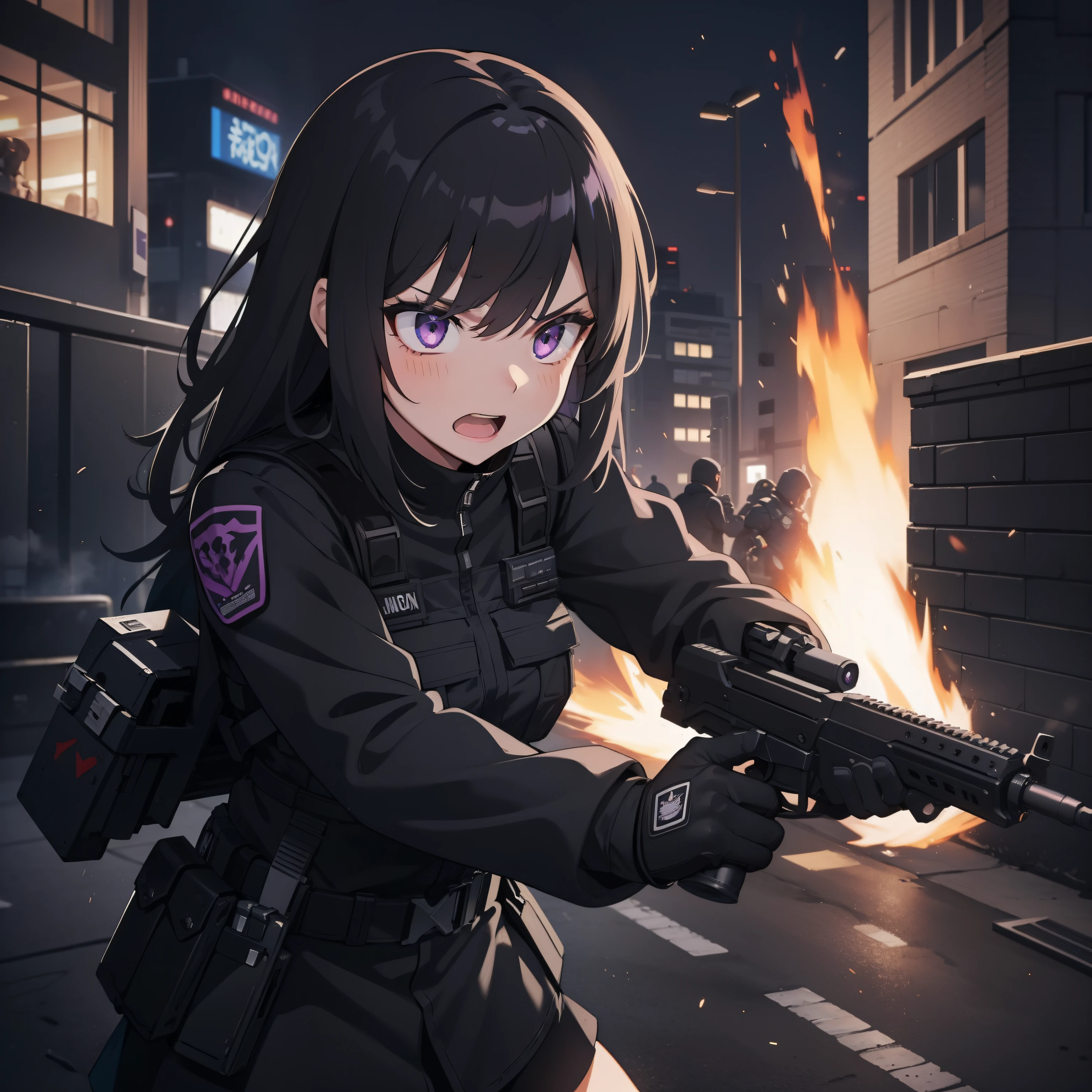 1girl, tactical black helmet, purple headset, purple eyes, grunting, black long messy hair, black camo uniform, black shoulder pads, black tactical vest, black armor pads, black handgun holster, black tactical socks, holding a handgun, bullets, stance, holding tactical radio, black skirt, angry, stressed, situation, falling, holding gun, armed, barricade, shooting, bullet rain, fire, explosion, armored van, tactical armored teammates, open mouth, shout, heavy armored team