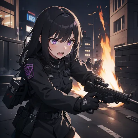 1girl, tactical black helmet, purple headset, purple eyes, grunting, black long messy hair, black camo uniform, black shoulder p...