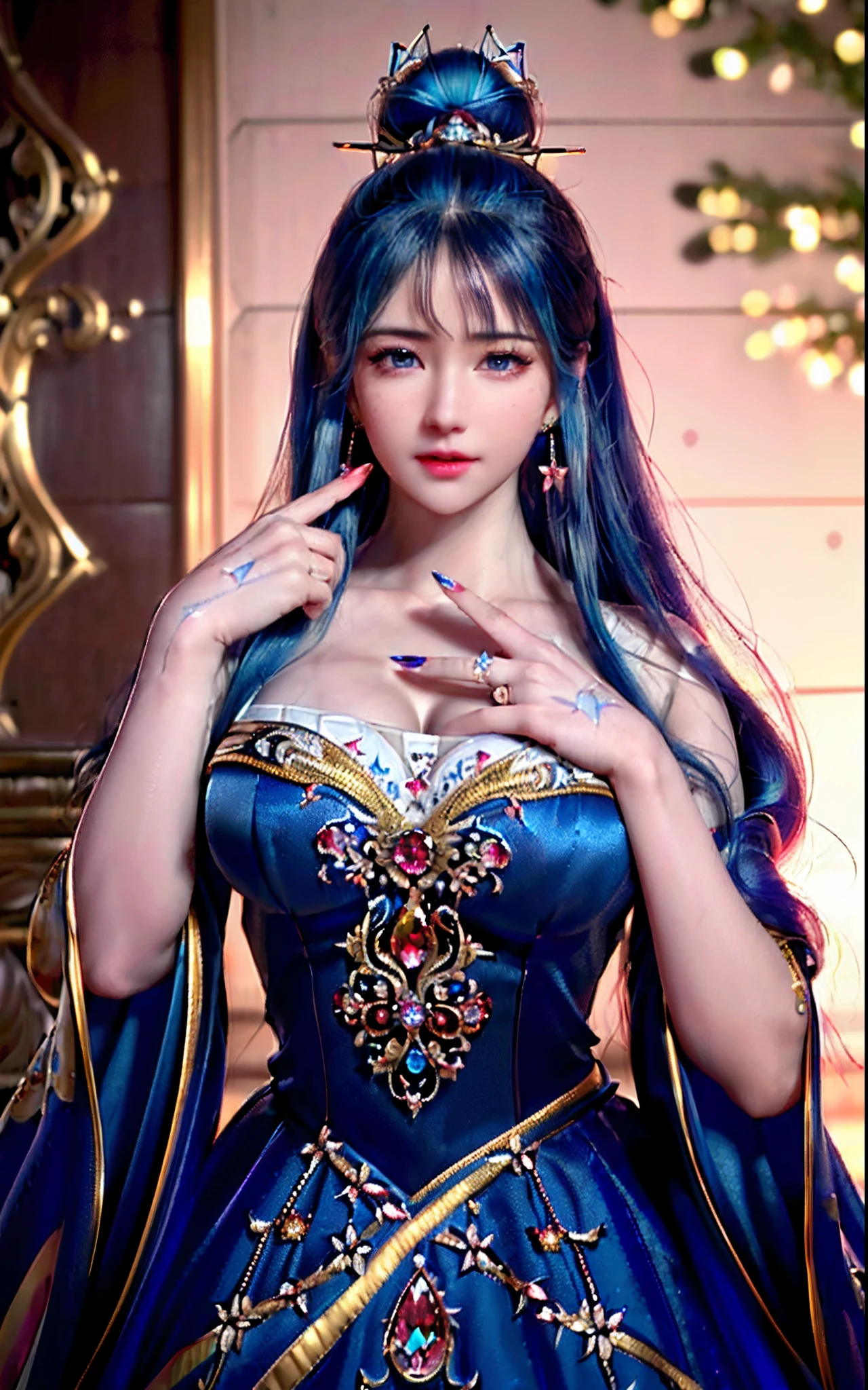 ((realisticity: 1.2)), ((realistic: 8K UHD)), ((best resolution: 8K UHD)), hyper detailed, best quality,masterpiece,highres,cg, ((1 girl hyper detailed and hyper realistic) ) , ((beautiful queen, hyper realistic and hyper detailed)),((white skin, beautiful, smooth, youthful, hyper realistic and hyper detailed )), ((Face hyper beautiful, white, hyper realistic and hyper detailed ) ), long hair, ((hyper realistic and hyper detailed dress)), solo, ((hyper realistic, hyper beautiful, beautiful and hyper detailed jewelry)), ((hyper beautiful deep red and golden yellow dress, hyper realistic and hyper detailed )) , ((Her pretty, hyper realistic, hyper detailed diamond filled earrings)), ((Her gorgeous diamond haircut, hyper realistic and hyper detailed)), ((hyper pretty upper body, hyper beautiful, hyper realistic and hyper detailed) ), ((medium breast: 1.1)), ((hyper realistic, hyper pretty, hyper detailed boobs)), ((the backgroun of the royal palace is hyper majestic, hyper realistic and hyper detailed)),((hands and palms hyper beautiful, hyper detailed, hyper realistic)), ((hyper detailed and hyper realistic fingers and fingernails)), ((hyper pretty fingernails, hyper vivid, hyper detailed, hyper realistic)), ((thumb, index finger, middle finger, ring finger, little finger hyper vivid, hyper pretty, hyper detailed, hyper realistic)), ((hyper beautiful fingers, hyper detailed, and hyper realistic)), ((posture not too fat and not too thin, hyper realistic, hyper detail)), ((hyper pretty, hyper pretty, hyper realistic and hyper detailed hair bun)), ((hyper pretty , hyper realistic and hyper detailed blue hair)), candid, Photo, high resolution, 8k , bokeh,