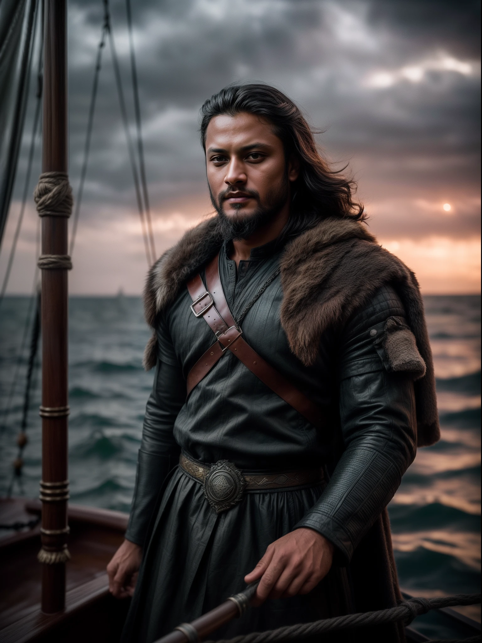 Realistic 16k image of Shakib al hasan as Ragnar Lothbrok (with black hair) onboard a viking longship, ((low angle hero shot)), (Upper body closeup), show Shakib as Ragnar navigating treacherous waters, Shakib al hasan as Ragnar is navigating his crew, show Shakib al hasan commanding the ship crew, this scene will be dark and scary, highlighting Shakib al hasan sailing on treacherous waters, dark tones with moonlit seas, dark and intimidating atmosphere like Viking series colour tone, ((sharp focus on portrait)), (balanced composition), high quality and realistic image, cinematic style, ((Best quality, 8k, Masterpiece), rough face, detailed skin, masterpiece, professional photography, (high detail:1 1), natural skin, (detailed face and eyes), (face: 1 2), noise, real photo, film photography, high resolution, 8k, realistic, 8k UHD, SLR camera, high quality, film grain, (Fujifilm X-T20, Fujifilm Fujinon XF 50mm f/2 R WR lens, Lens focal Length 50mm, Shutter speed 1/300 sec, APERTURE: 2, ISO: 80), volumetric lighting, dark background, dark fantasy, highly detailed, sharp focus, shallow depth of field, bokeh, blurry background, high contrast, contrast lighting, (dim colours), exposure blend, (dusty:1.3)