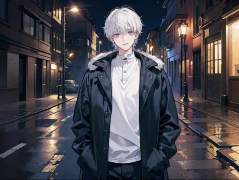 male child, At night, short white hair, Natural perm,dressed casually, empty street, a dark night, dim lights,With a thick coat,
