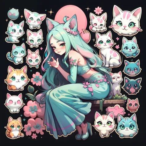 Adhesive,1girll, simple backgound, Girl with long hair, Beautiful cat girl, Cat aesthetics, Beautiful girl, very beautiful fantasy art, Beautiful and elegant female cat, beautiful detailed fantasy, Pink green flavor, Pink and green theme，Girl's hair is pin...