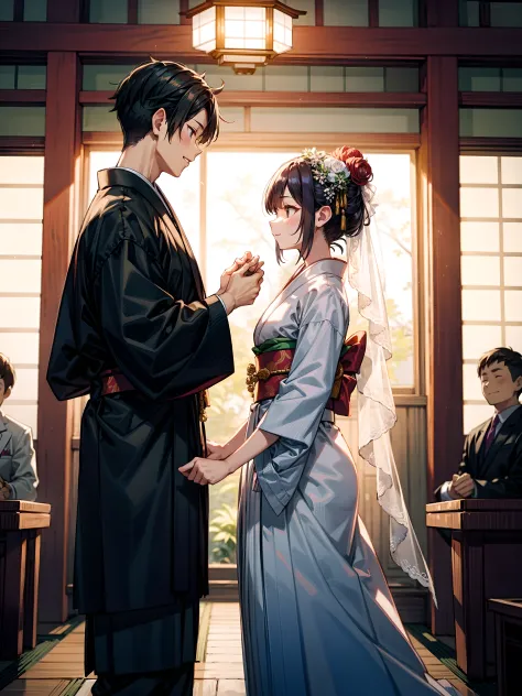 A Japanese wedding ceremony with the groom (wearing a crested hakama) and the (bride wearing a kimono),