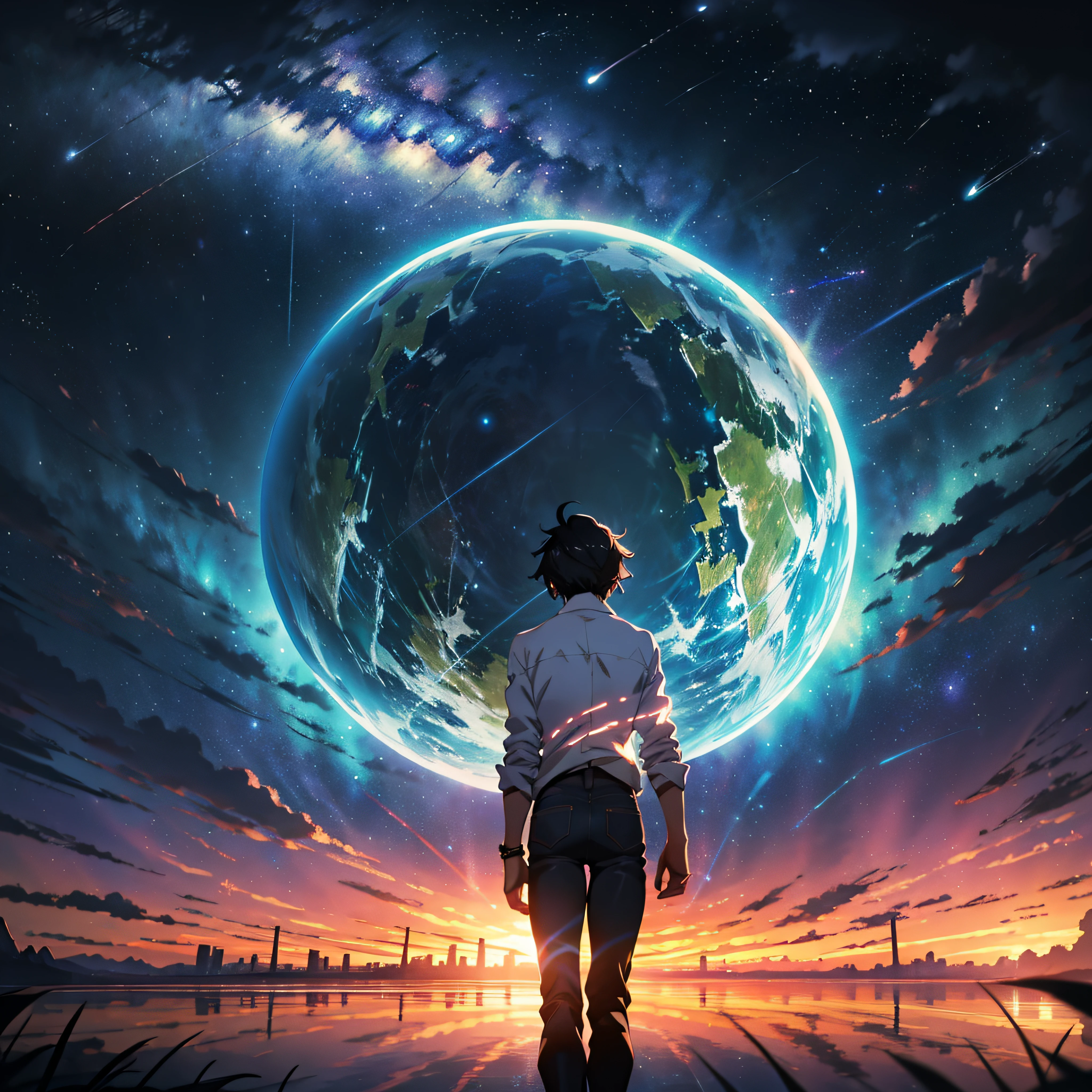 Anime - Stil Szene eines wunderschönen Himmels mit einem Stern und einem Planeten, kosmischer Himmel. von Makoto Shinkai, Anime-Kunst-Hintergrundbild 4k, Meteor Fall, Anime-Kunst-Tapete 4k, Anime-Kunst-Tapete 8 K, Anime-Hintergrundbild 4k, Anime-Tapete 4k, 4K-Anime-Hintergrundbild, Anime Himmel, tolle Tapete, Anime-Hintergrund, Anime-Hintergrund art, Betrachtung, Quantenübergang, weißes Hemd, schwarze Jeans, auf dem Gipfel des Berges.