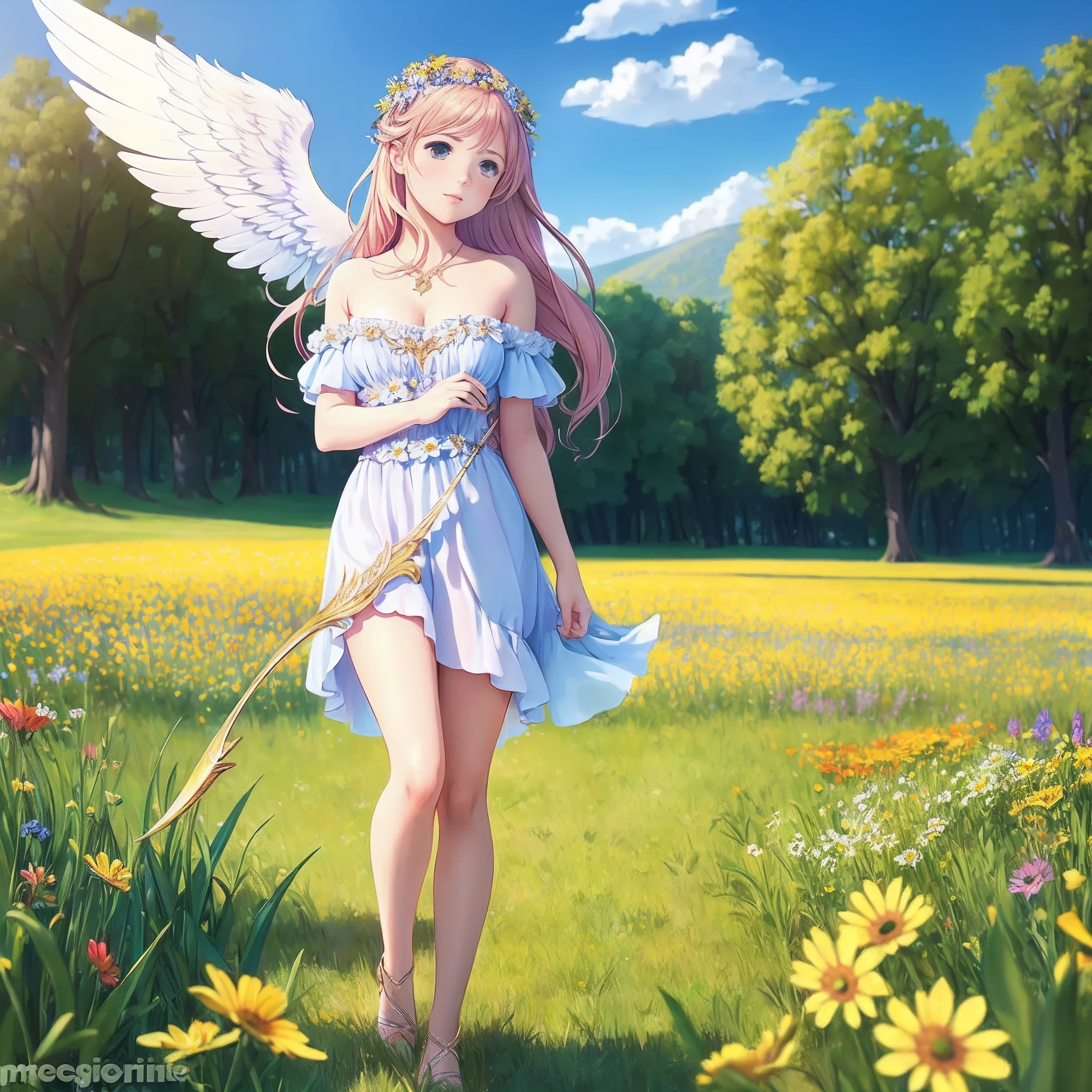 (obra maestra) (La mejor calidad) Masterpiece, best quality. A realistic and very feminine and beautiful female version of Cupid the god of love. In a meadow of wild flowers on a very bright and spectacular day. Muse, delicate beauty, poetry, luminous divinity, cinematic quality.