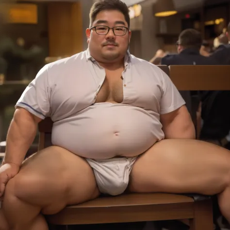 (Surreal)、(hight resolution)、(in 8K)、 (ighly detailed)、(top-quality、​masterpiece:1.3)、On a chair at a Starbucks café、Fat Japan man like a rugby player relaxing and boldly sitting with legs spread、Wear shorts with a short hem、Puffiness in the crotch area、Me...