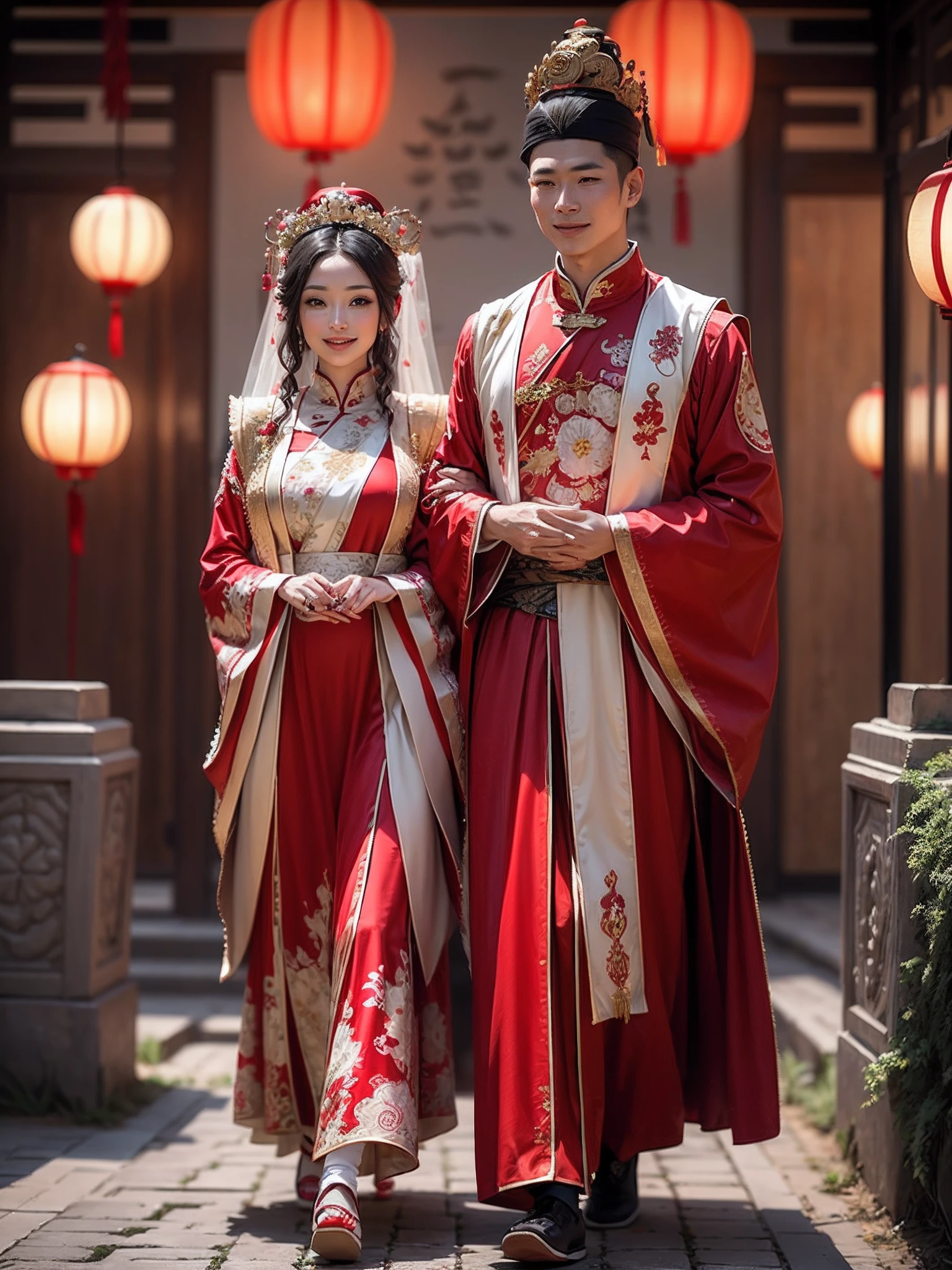 （Best quality: 1.1), (Realistic: 1.1), (Wedding: 1.1), (highly details: 1.1), 1 man and 1 woman get married，Stand in front of a Chinese-style building, closeup of face，Clear facial features，Happy smile, Look at each other affectionately，A man dresses in ancient costumes in red and gold，A woman wears a red-gold ancient long dress，with a crown on her head, Chinese courtyard in the background，Red lanterns，Super clear，8K