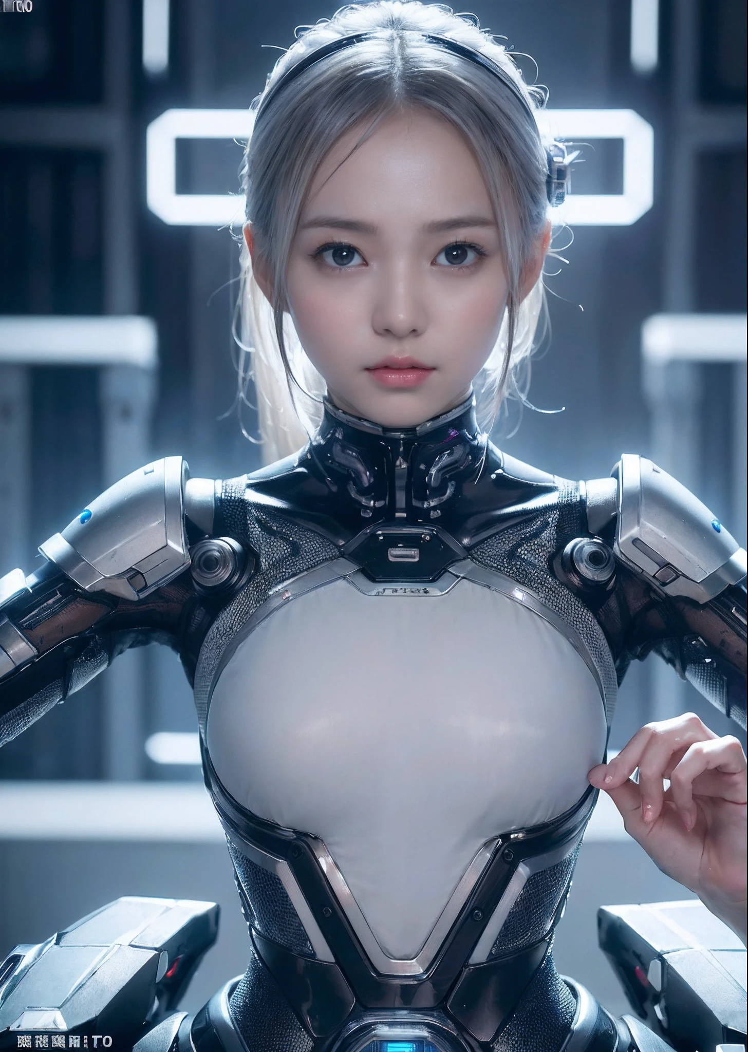 NSFW,((top-quality、in 8K、​masterpiece:1.3))Wearing a silvery-white mech，Girl with a delicate face，The highest image quality，ultraclear，Facial features are delicate and clear，Armageddon，machine arms，exquisitedetails，(cammel toe)、Mechanical pattern,cyberpunked、Cyber City、digital、century、tron、()